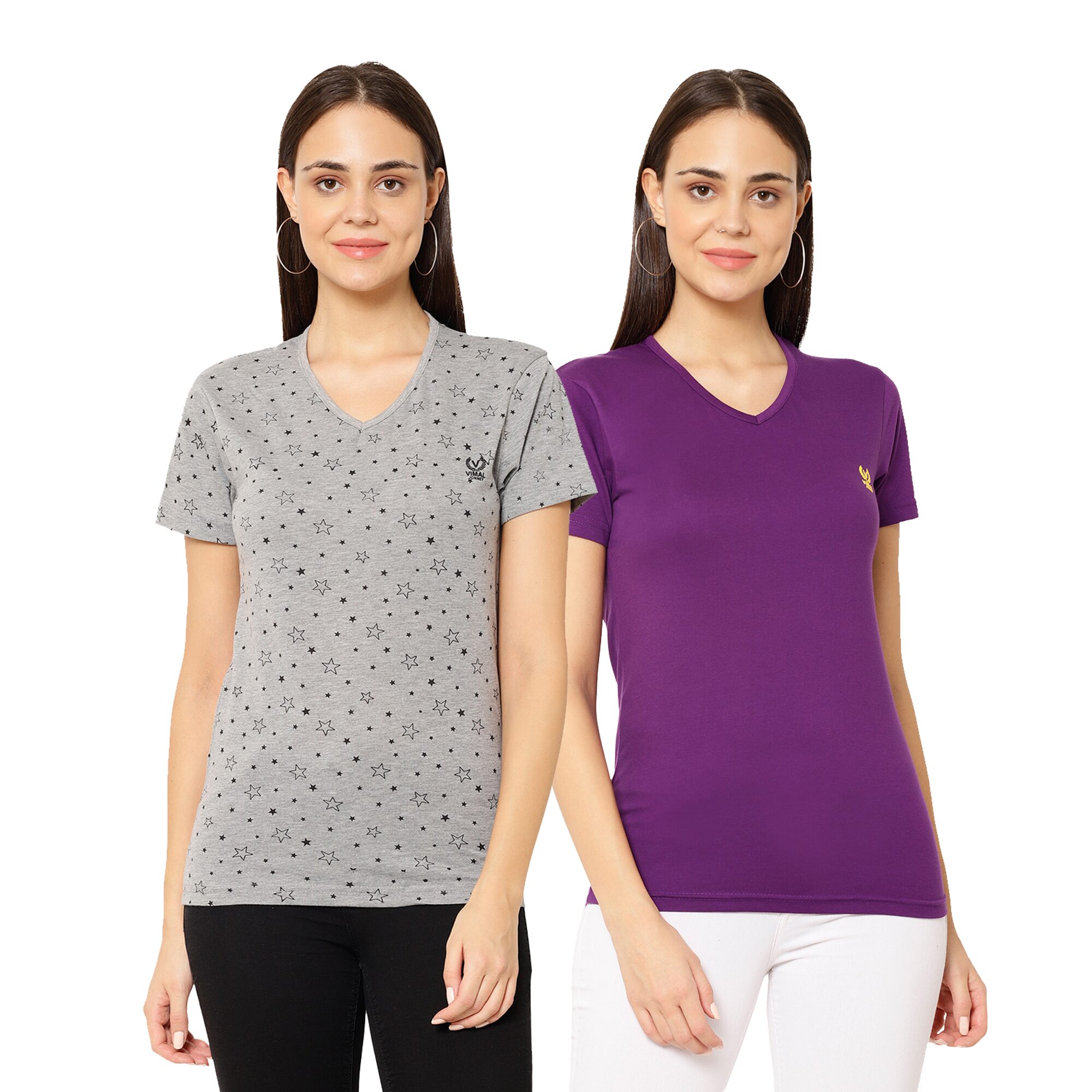 

VIMAL JONNEY Women Grey Purple Regular fit V neck Cotton blend T shirt