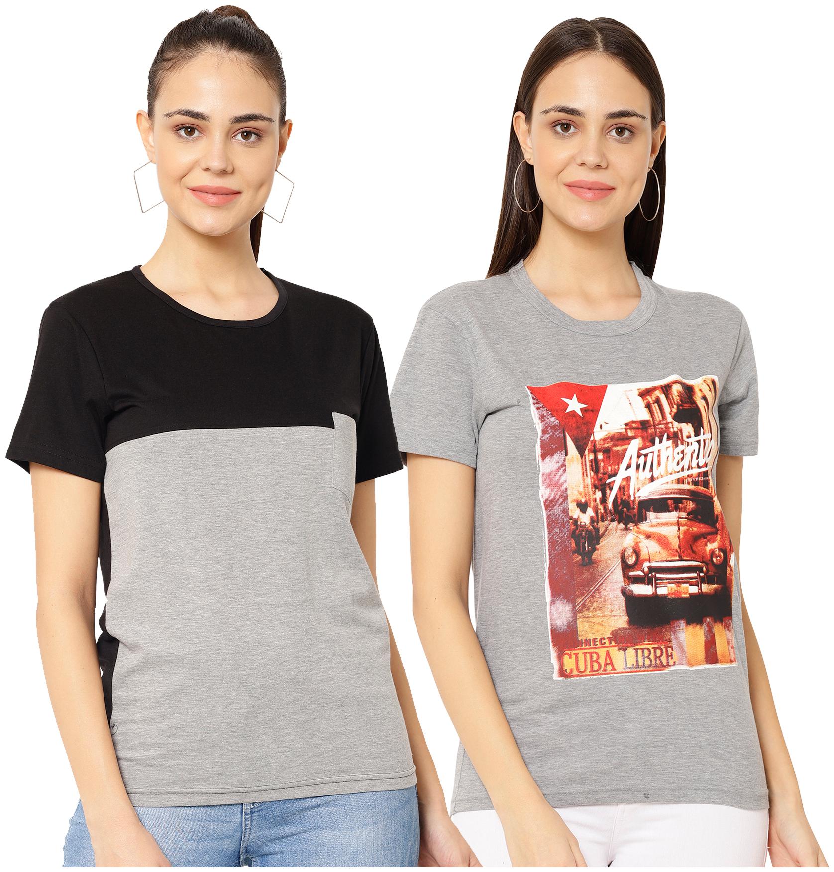 

VIMAL JONNEY Women Grey Black Regular fit Round neck Cotton blend T shirt