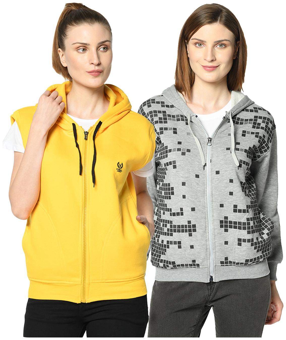 

VIMAL JONNEY Women Solid Hoodie - Grey Yellow
