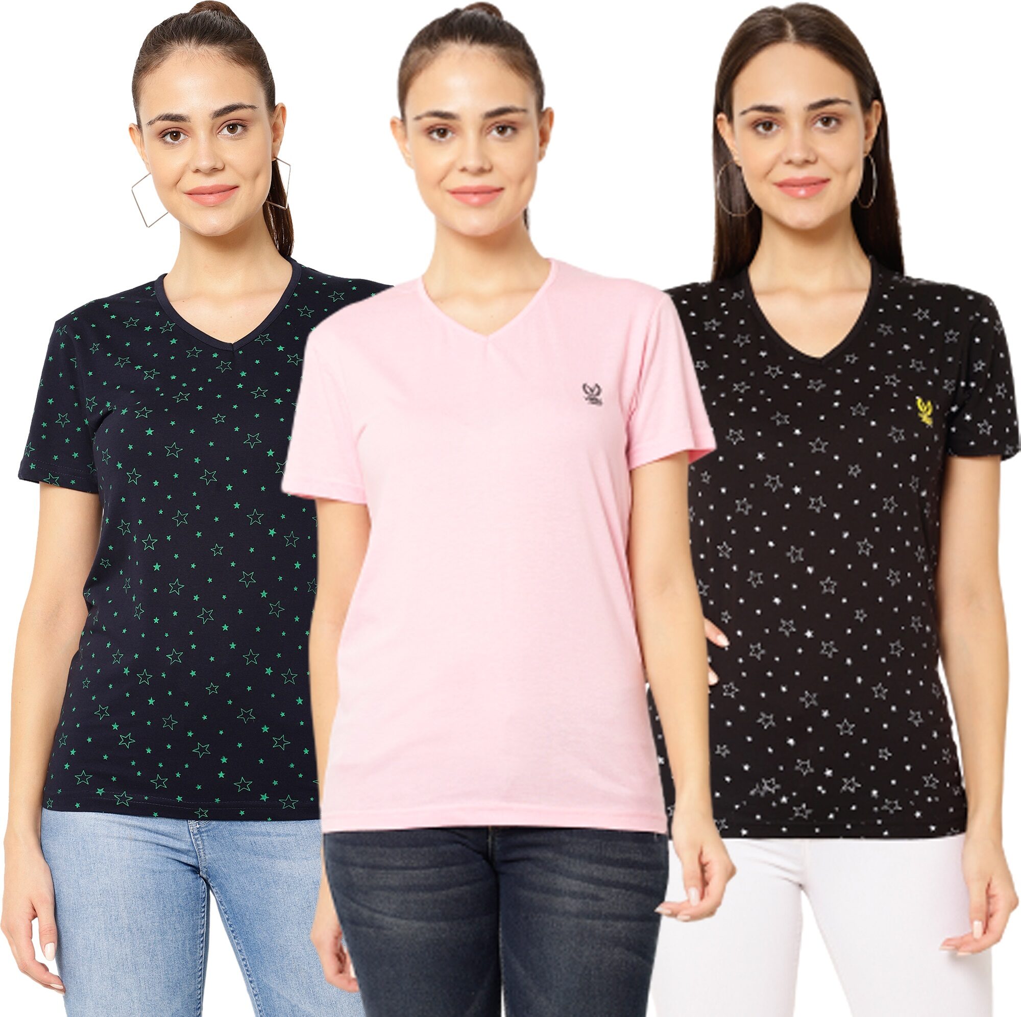 

VIMAL JONNEY Women Multi Regular fit V neck Cotton T shirt