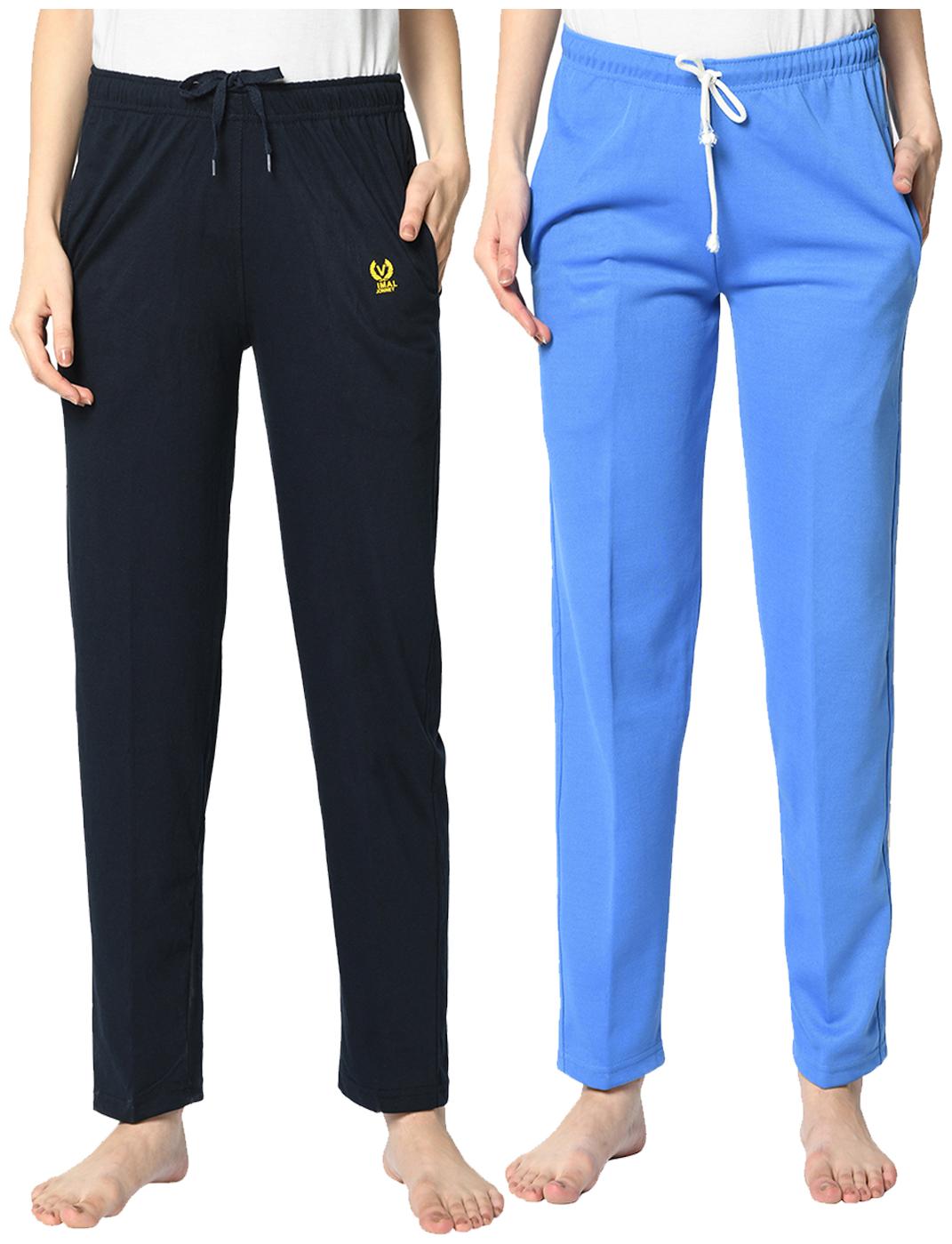 

VIMAL JONNEY Cotton Blend Solid Blue Color Track Pants For Women (Pack Of 2)