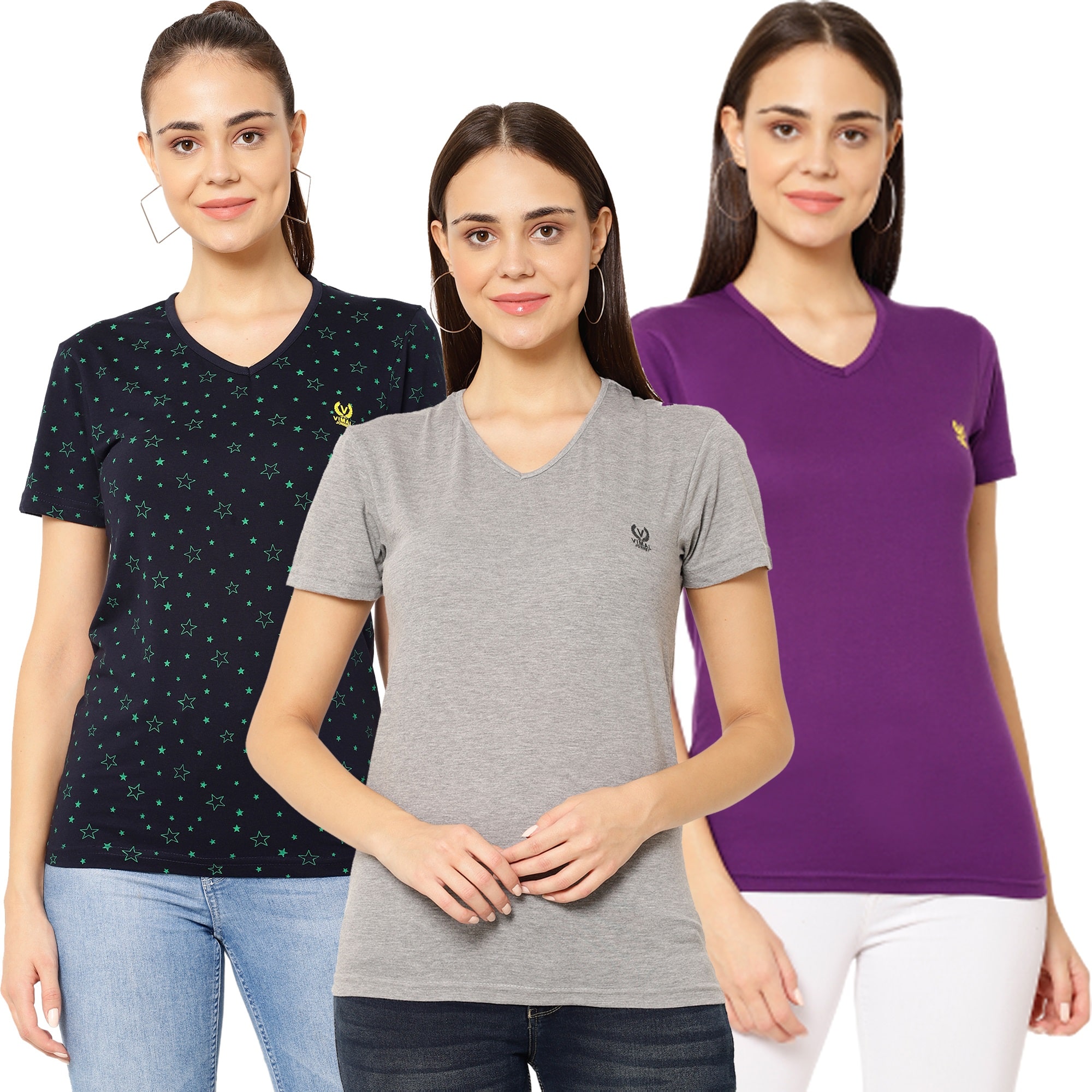 

VIMAL JONNEY Women Multi Regular fit V neck Cotton T shirt