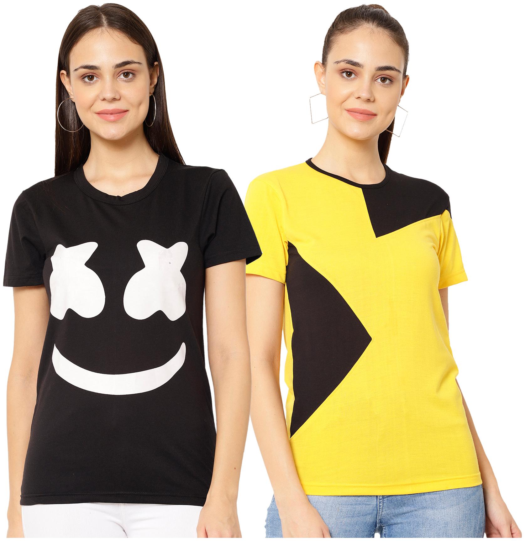 

VIMAL JONNEY Women Black Yellow Regular fit Round neck Cotton blend T shirt