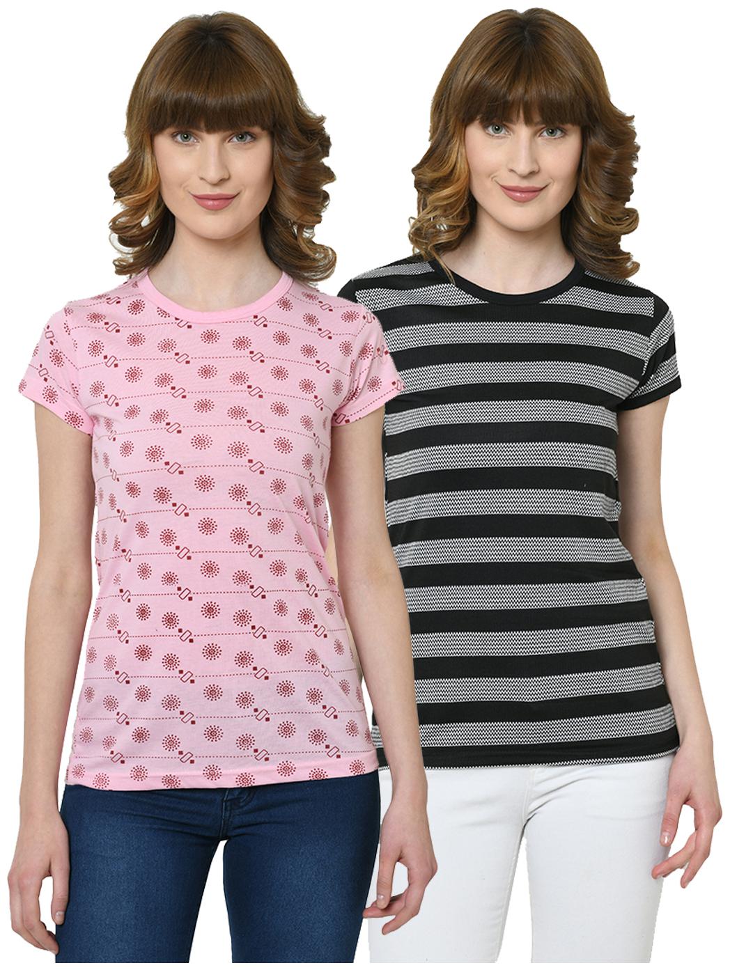 

VIMAL JONNEY Women Pink Black Regular fit Round neck Cotton T shirt