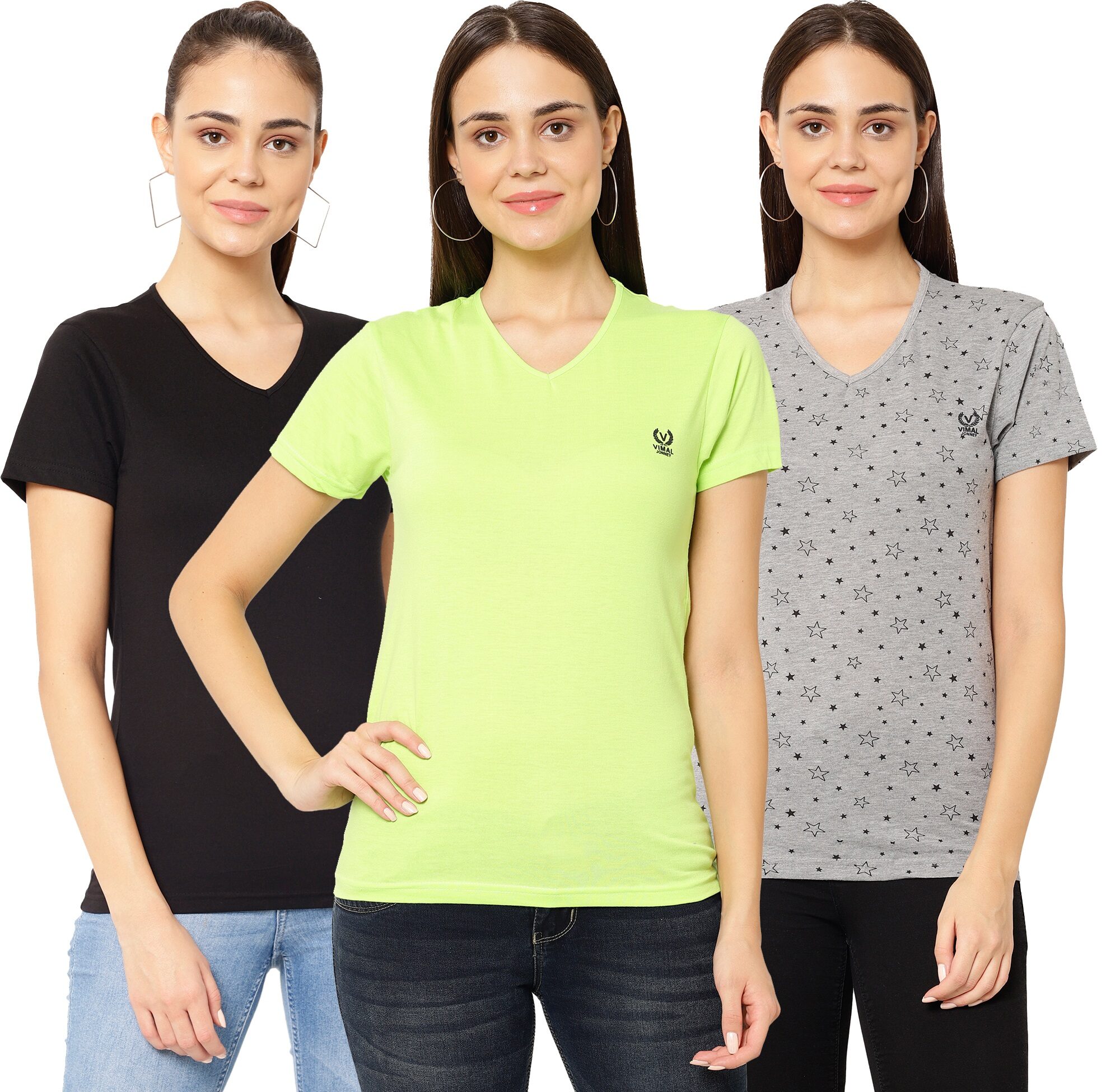 

VIMAL JONNEY Women Multi Regular fit V neck Cotton T shirt