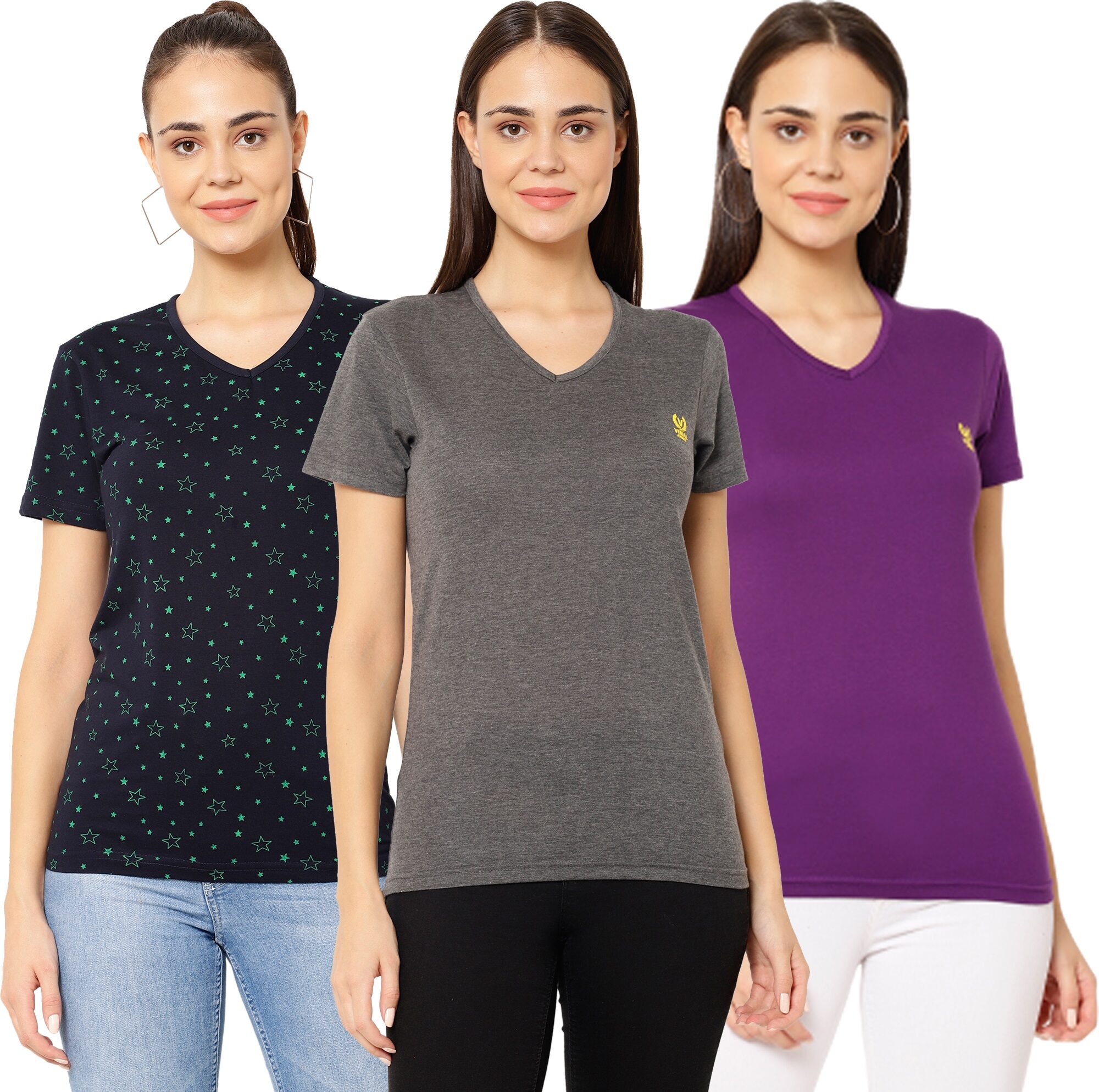 

VIMAL JONNEY Women Multi Regular fit V neck Cotton T shirt