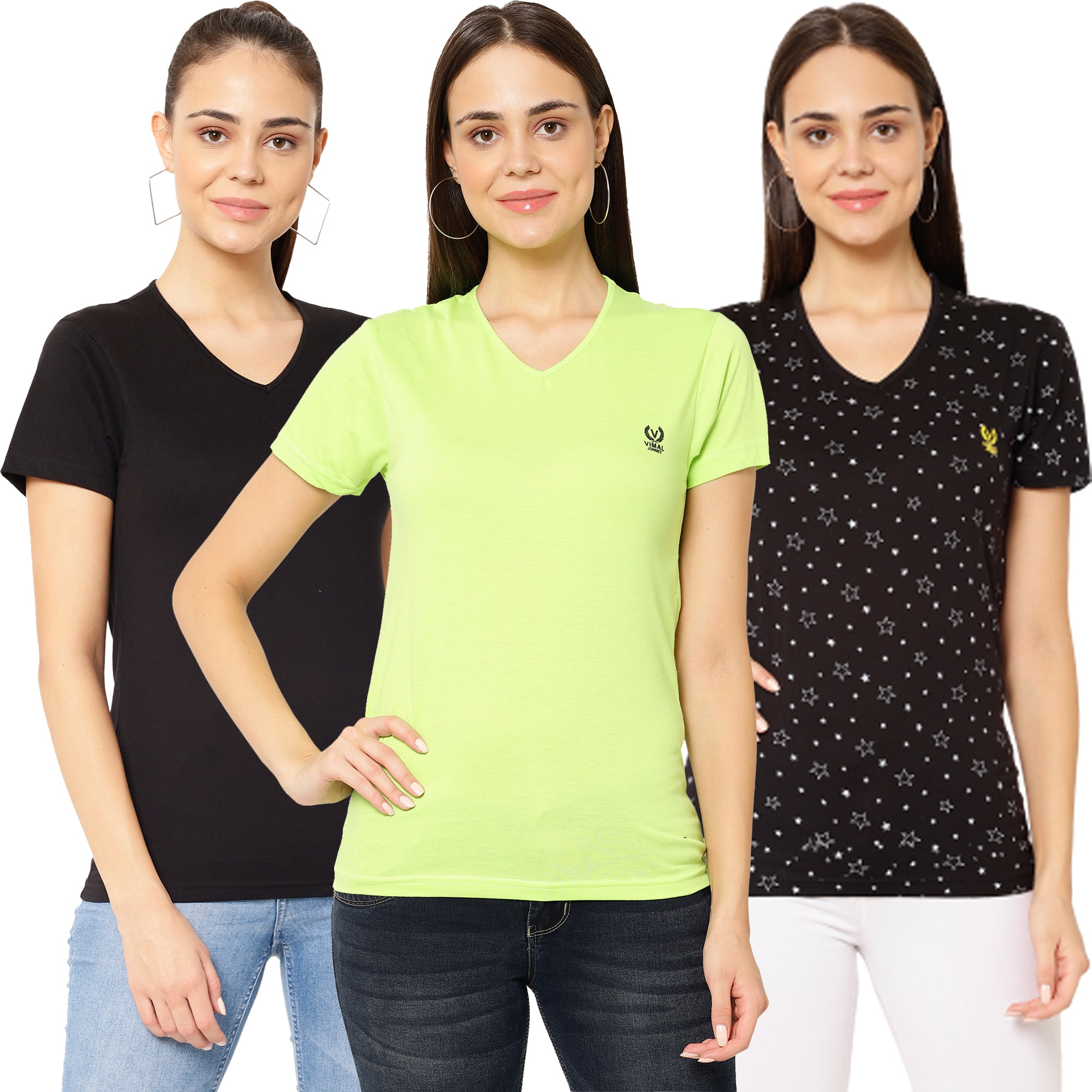

VIMAL JONNEY Women Black Green Regular fit V neck Cotton T shirt