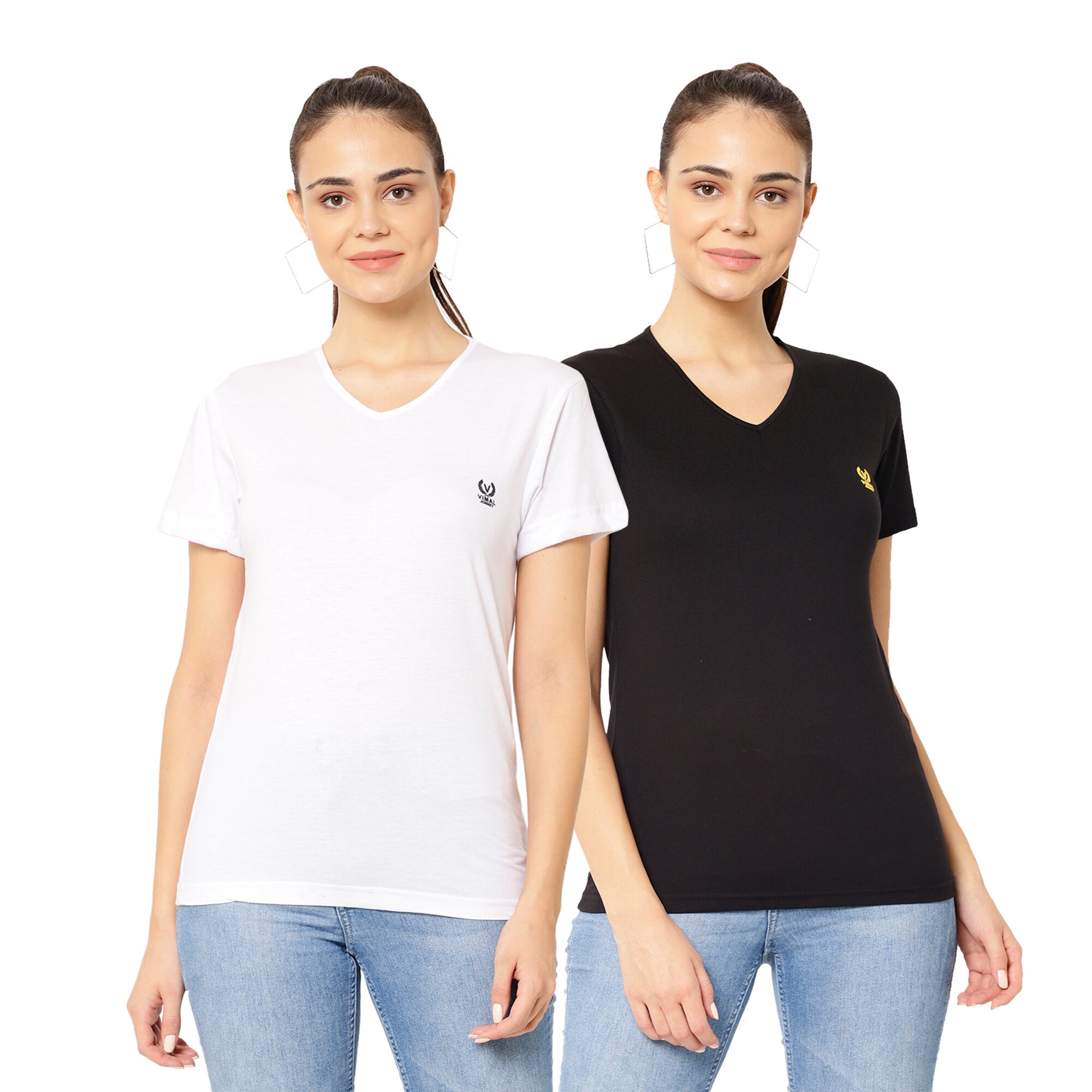 

VIMAL JONNEY Women White Black Regular fit V neck Cotton blend T shirt