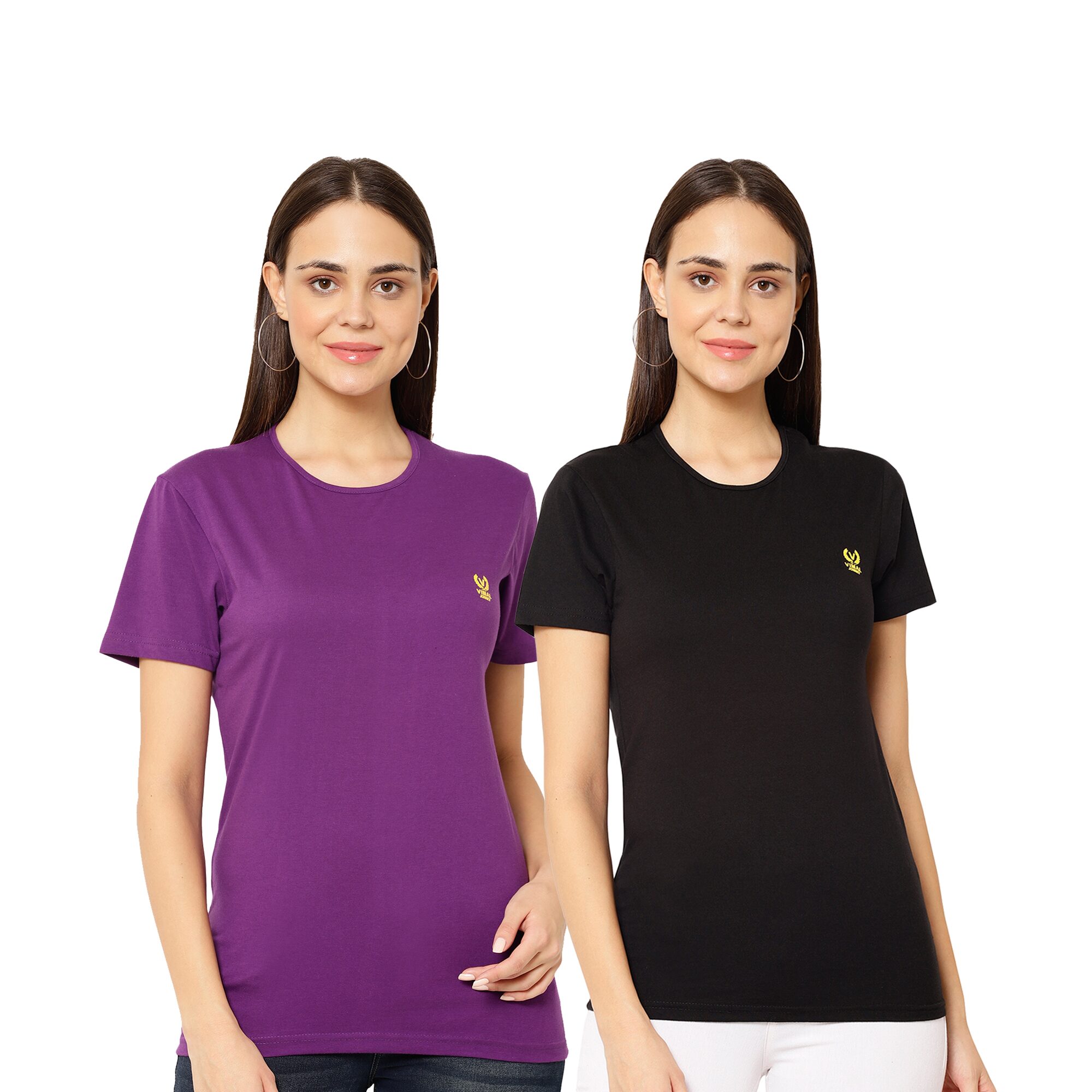 

VIMAL JONNEY Women Black Purple Regular fit Round neck Cotton T shirt