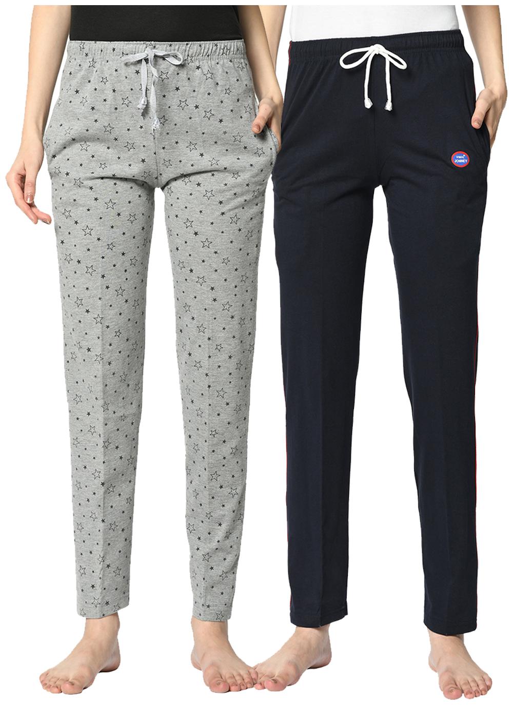 

VIMAL JONNEY Cotton Blend Printed Grey Blue Color Track Pants For Women (Pack Of 2)