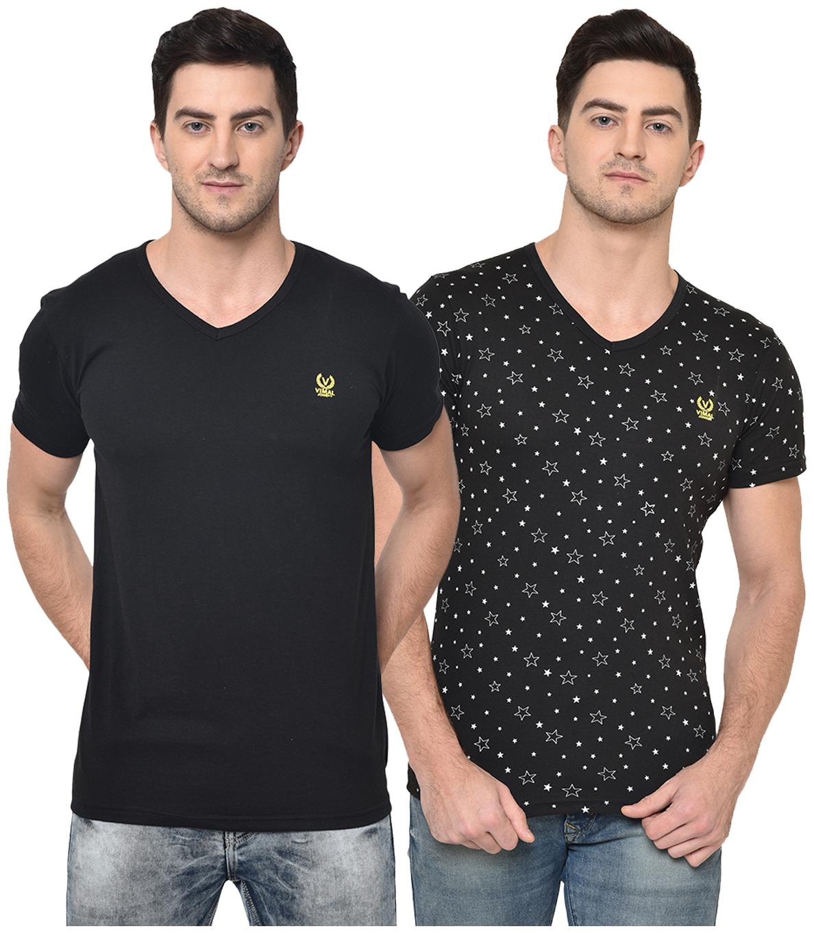 

VIMAL JONNEY Men Black Regular fit Cotton Blend V neck T-Shirt - Pack Of 2