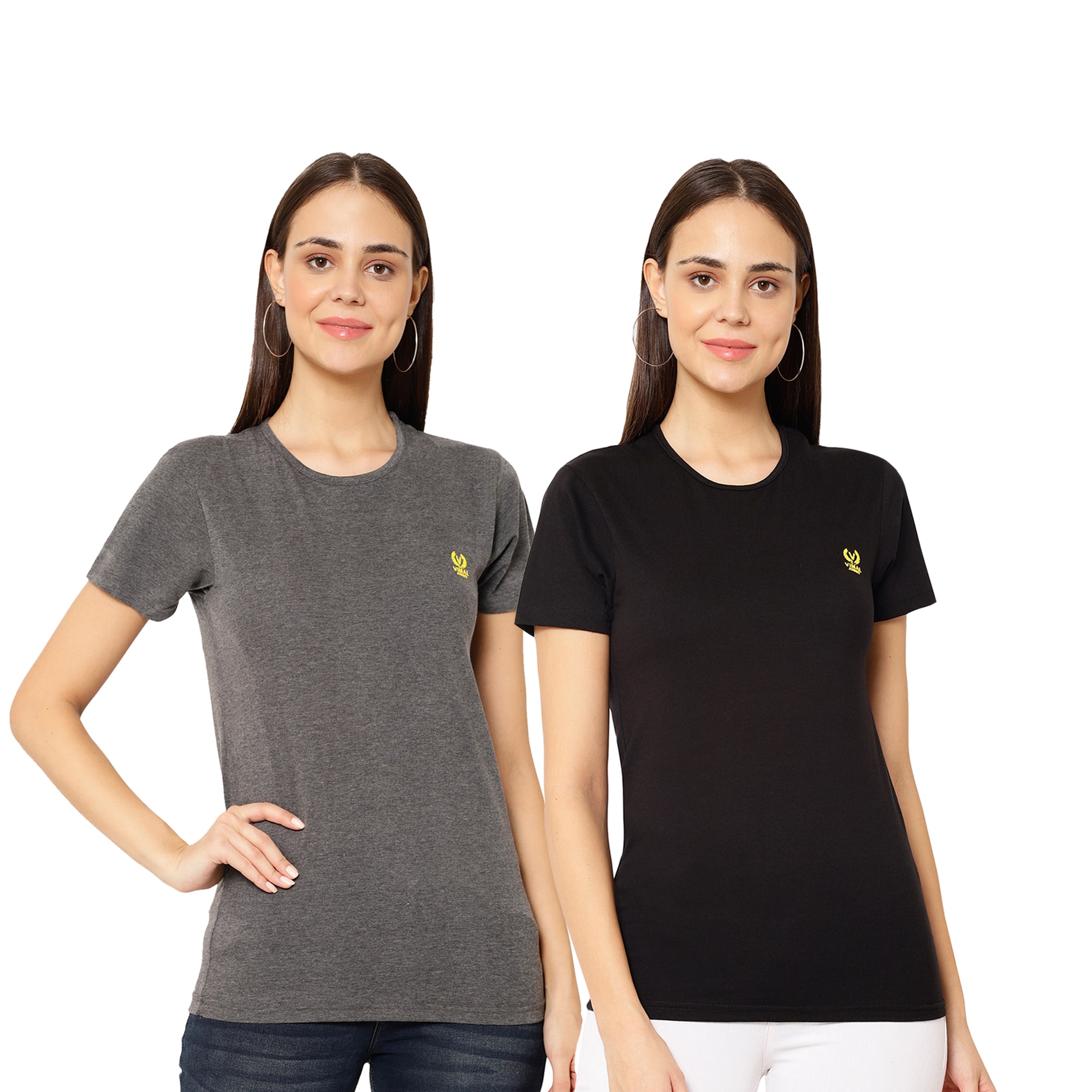 

VIMAL JONNEY Women Black Grey Regular fit Round neck Cotton T shirt