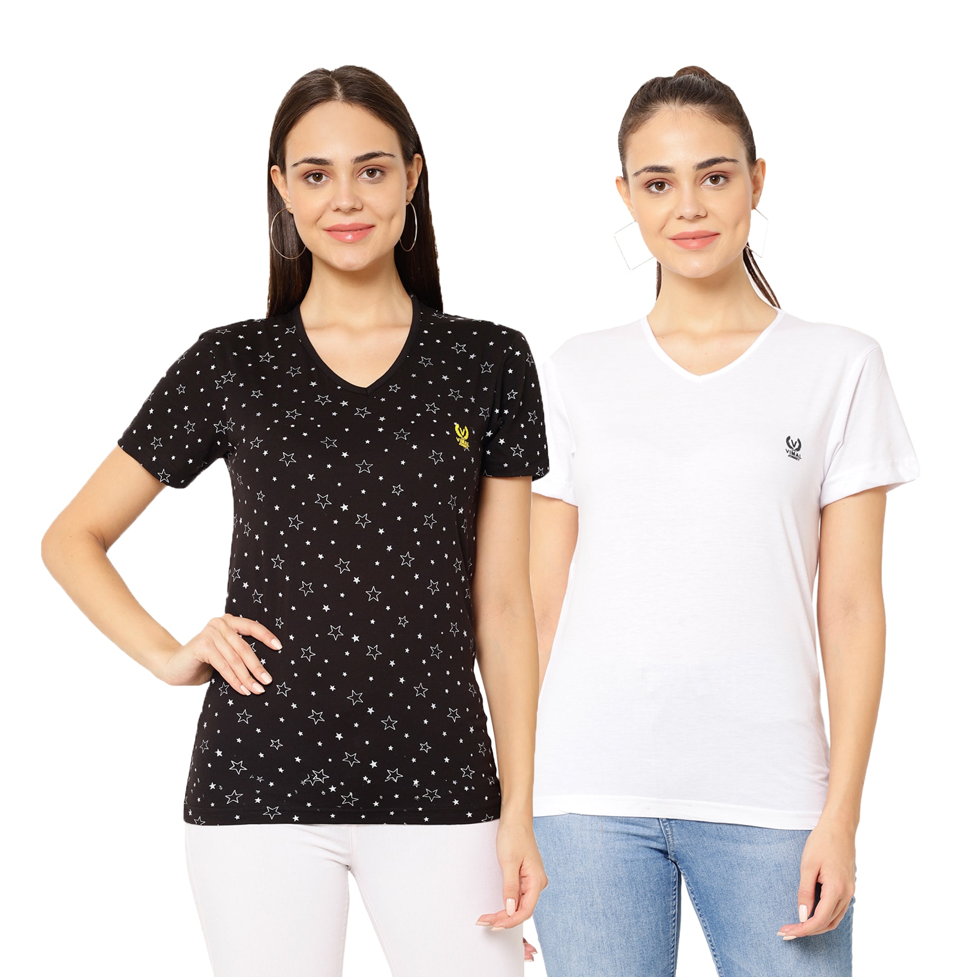 

VIMAL JONNEY Women White Black Regular fit V neck Cotton blend T shirt