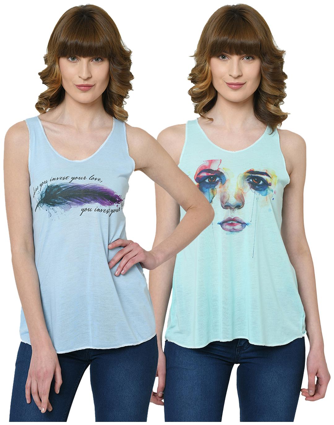 

VIMAL JONNEY Women Blue Green Regular fit U neck Polyester Tank top