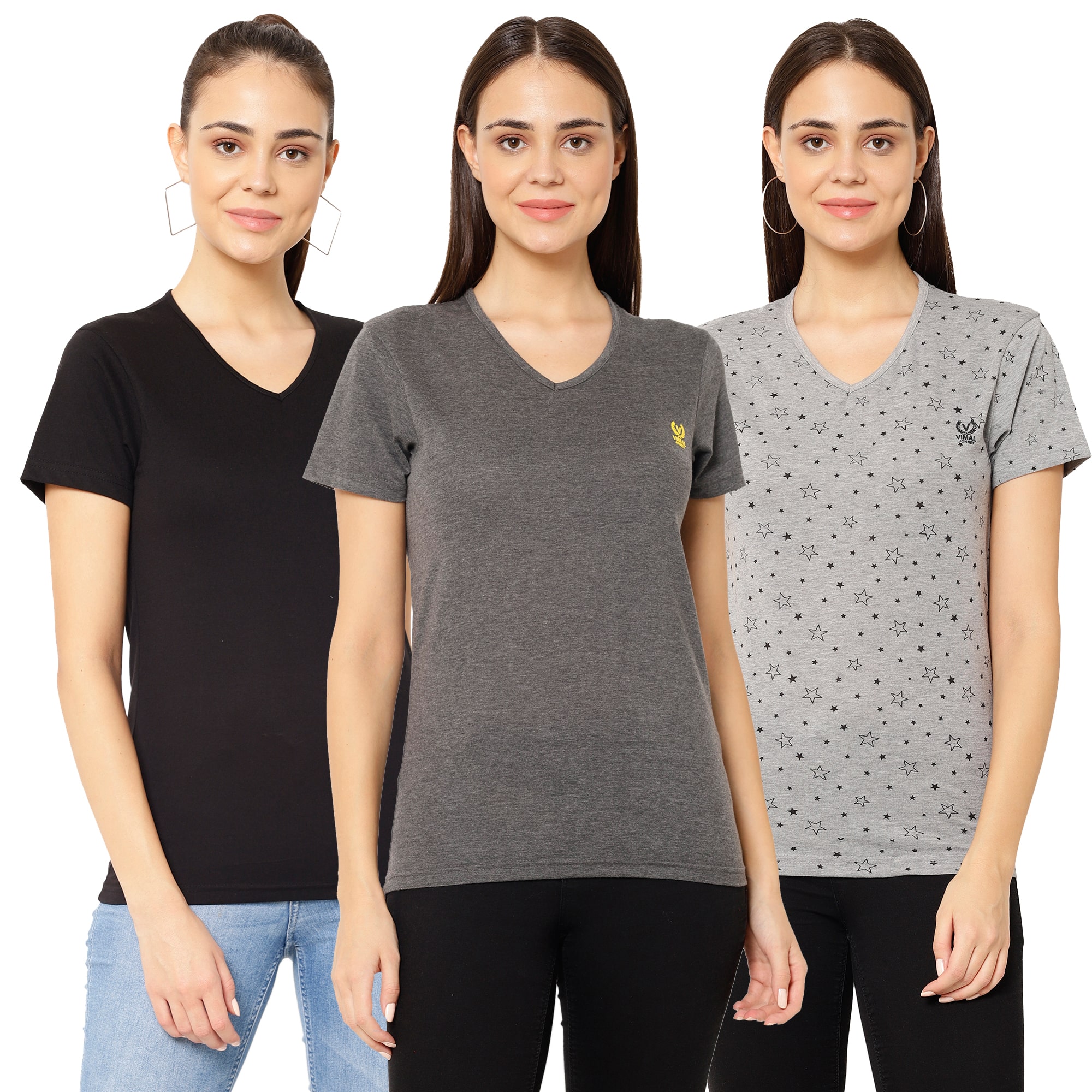 

VIMAL JONNEY Women Black Grey Regular fit V neck Cotton T shirt