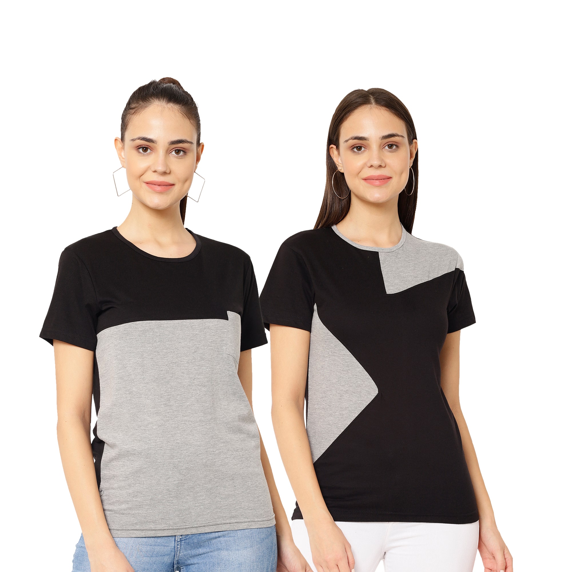 

VIMAL JONNEY Women Grey Black Regular fit Round neck Cotton blend T shirt