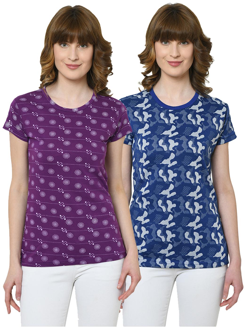 

VIMAL JONNEY Women Purple Blue Regular fit Round neck Cotton T shirt