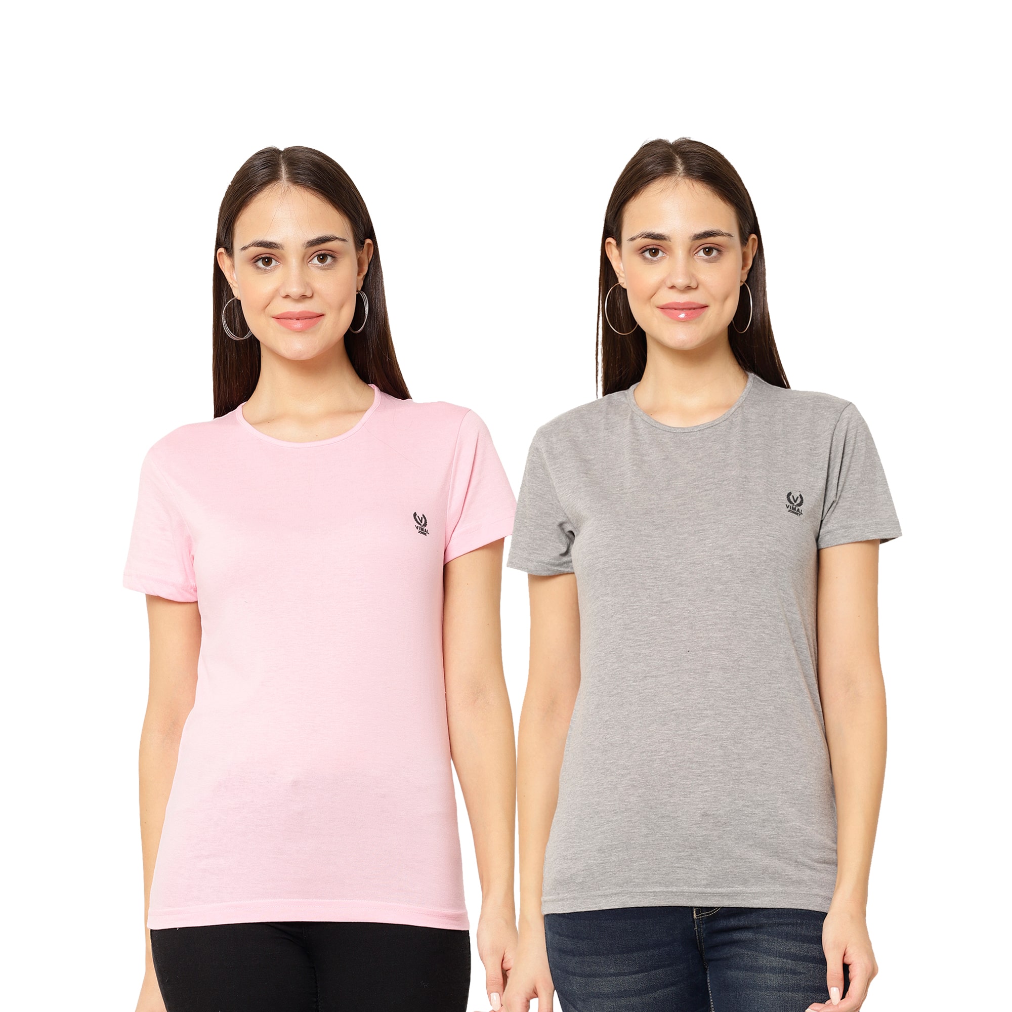 

VIMAL JONNEY Women Pink Grey Regular fit Round neck Cotton T shirt