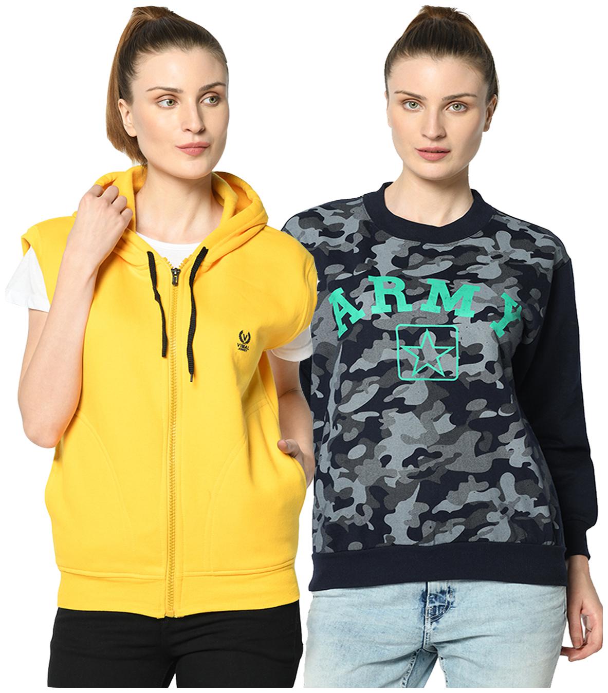 

VIMAL JONNEY Women Solid Hoodie - Blue Yellow
