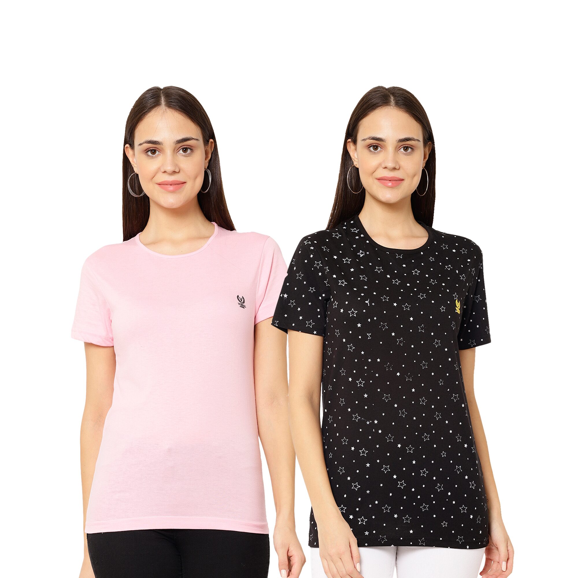 

VIMAL JONNEY Women Black Pink Regular fit Round neck Cotton T shirt