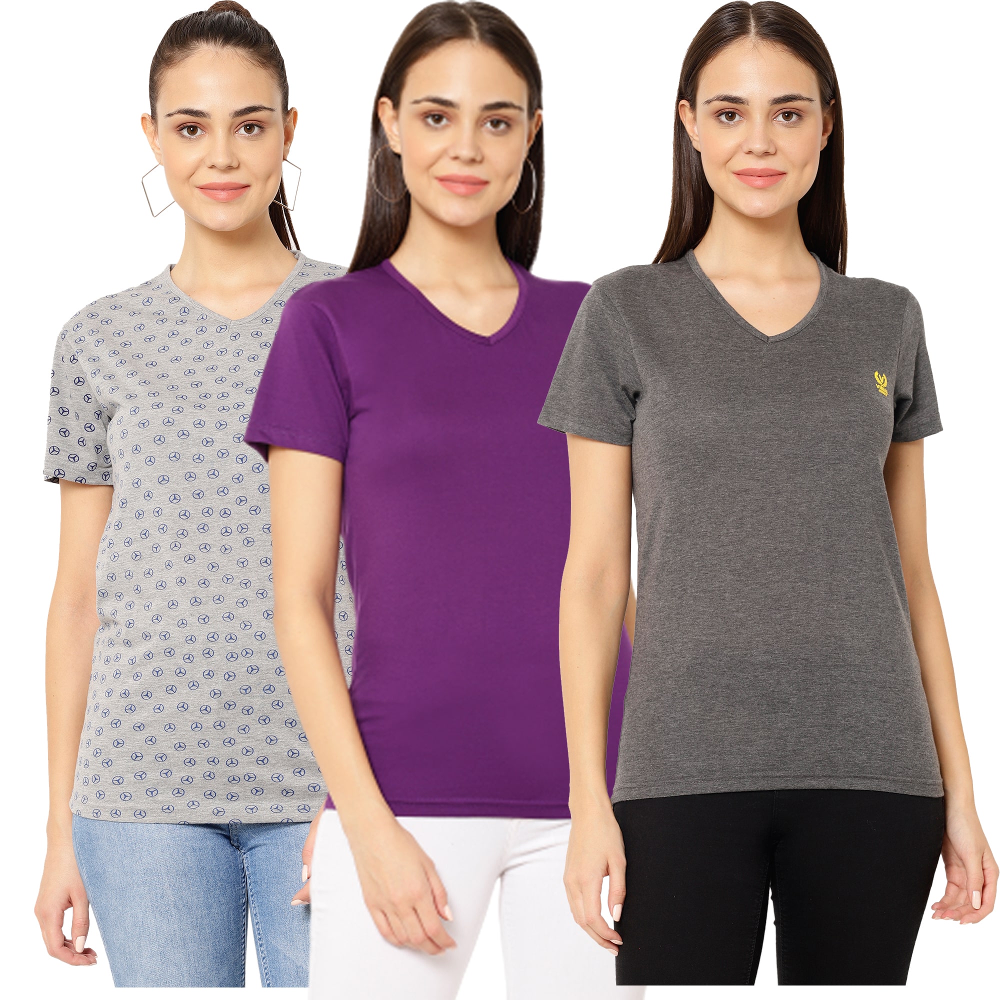 

VIMAL JONNEY Women Purple Grey Regular fit V neck Cotton T shirt