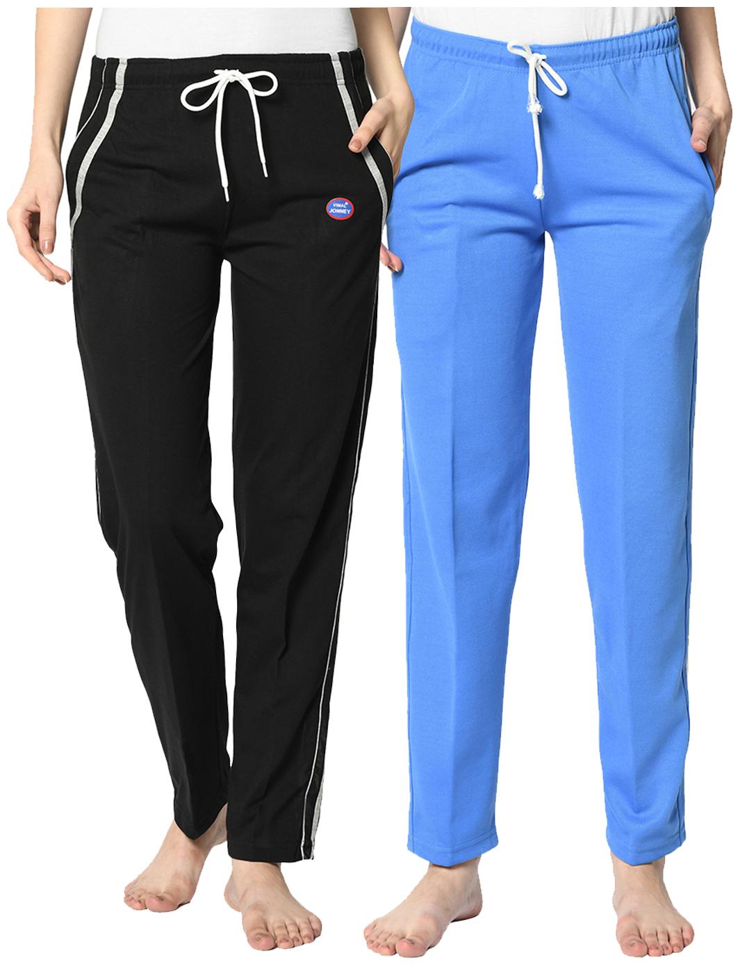 

VIMAL JONNEY Cotton Blend Solid Black Blue Color Track Pants For Women (Pack Of 2)