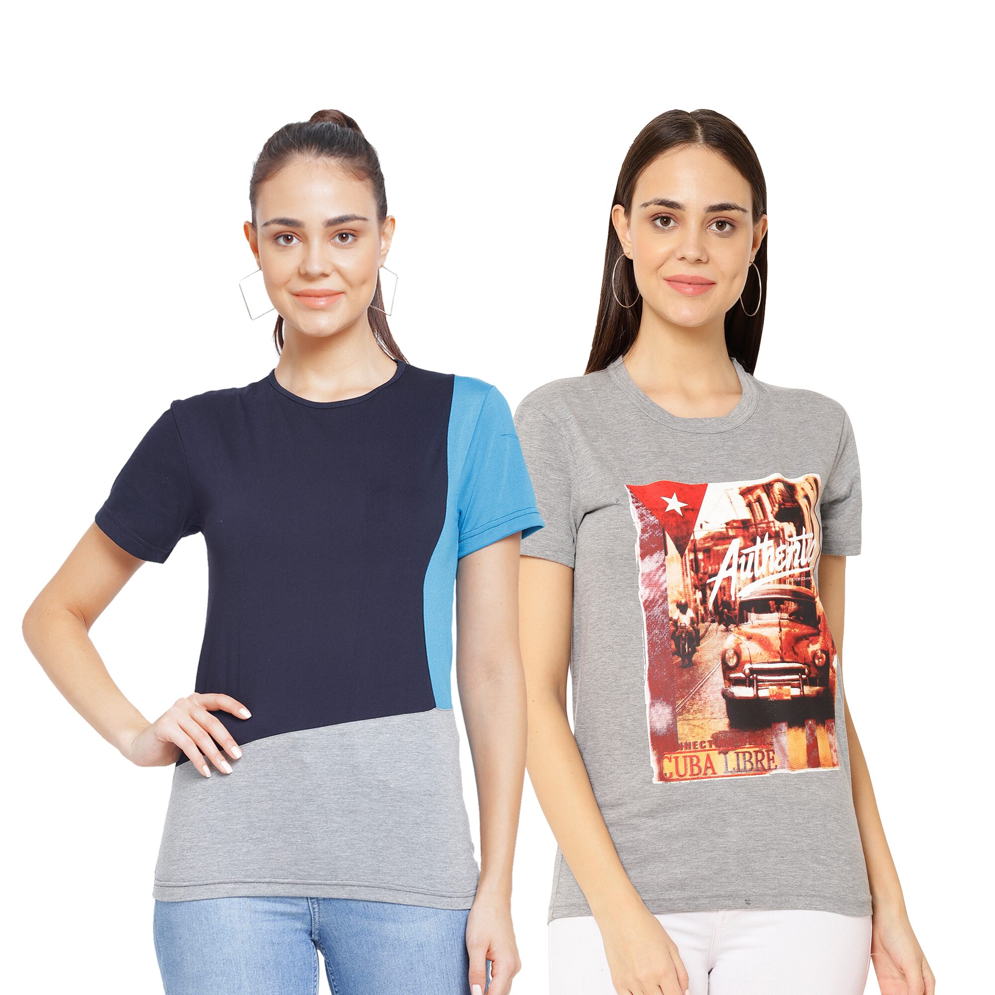

VIMAL JONNEY Cotton Printed Navy Blue Grey Color T-Shirt For Women (Pack Of 2)