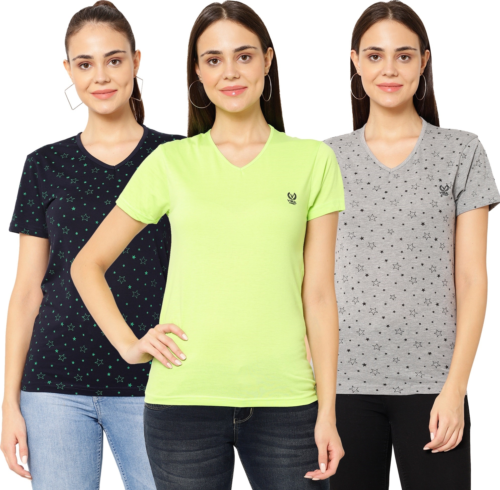 

VIMAL JONNEY Women Multi Regular fit V neck Cotton T shirt