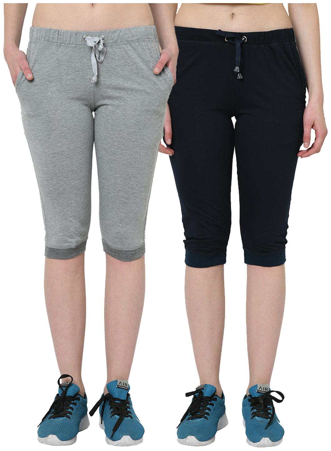 

VIMAL JONNEY Women Cotton Solid Regular Capri Grey Navy Blue