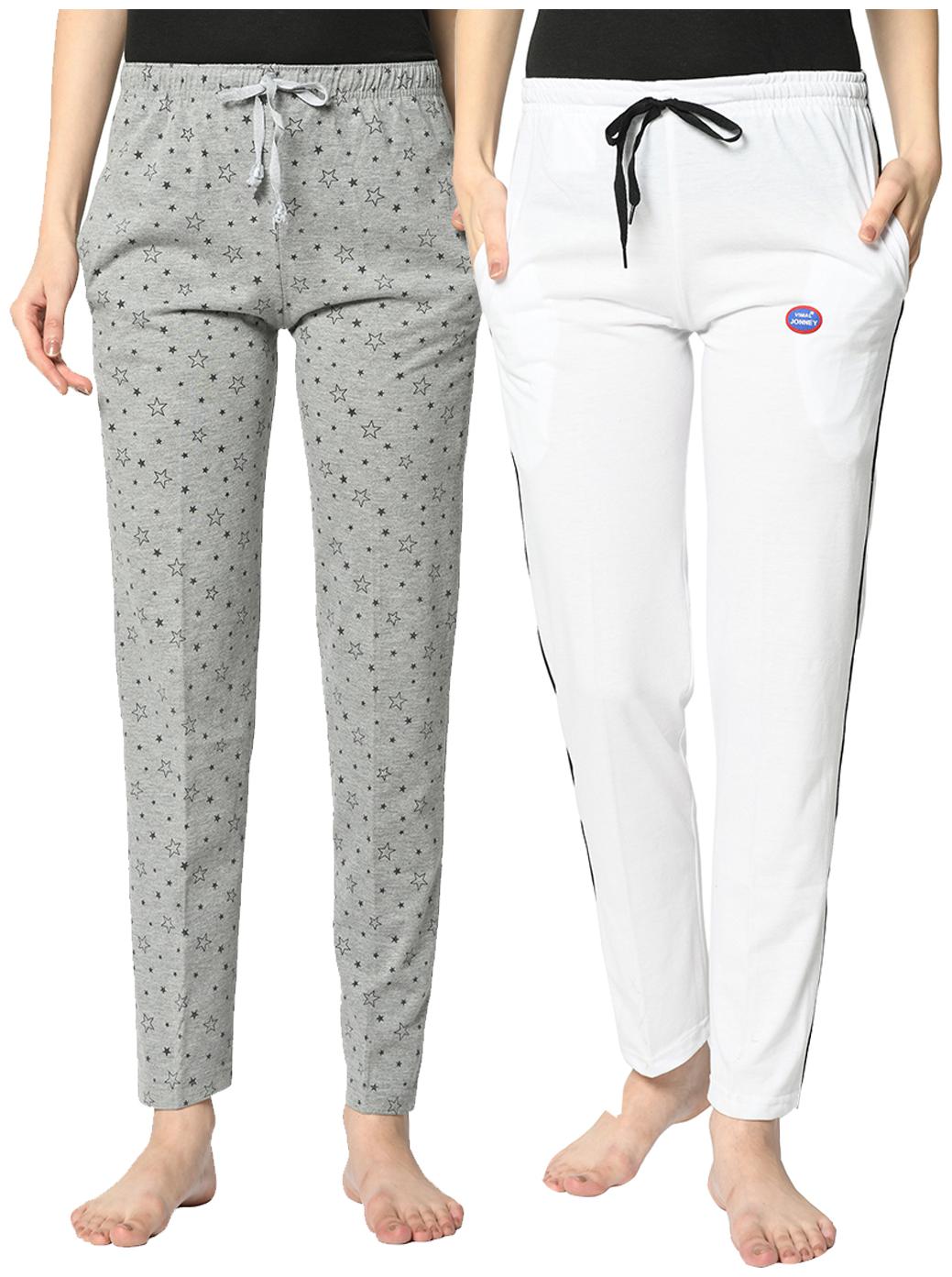 

VIMAL JONNEY Cotton Blend Printed Grey White Color Track Pants For Women (Pack Of 2)