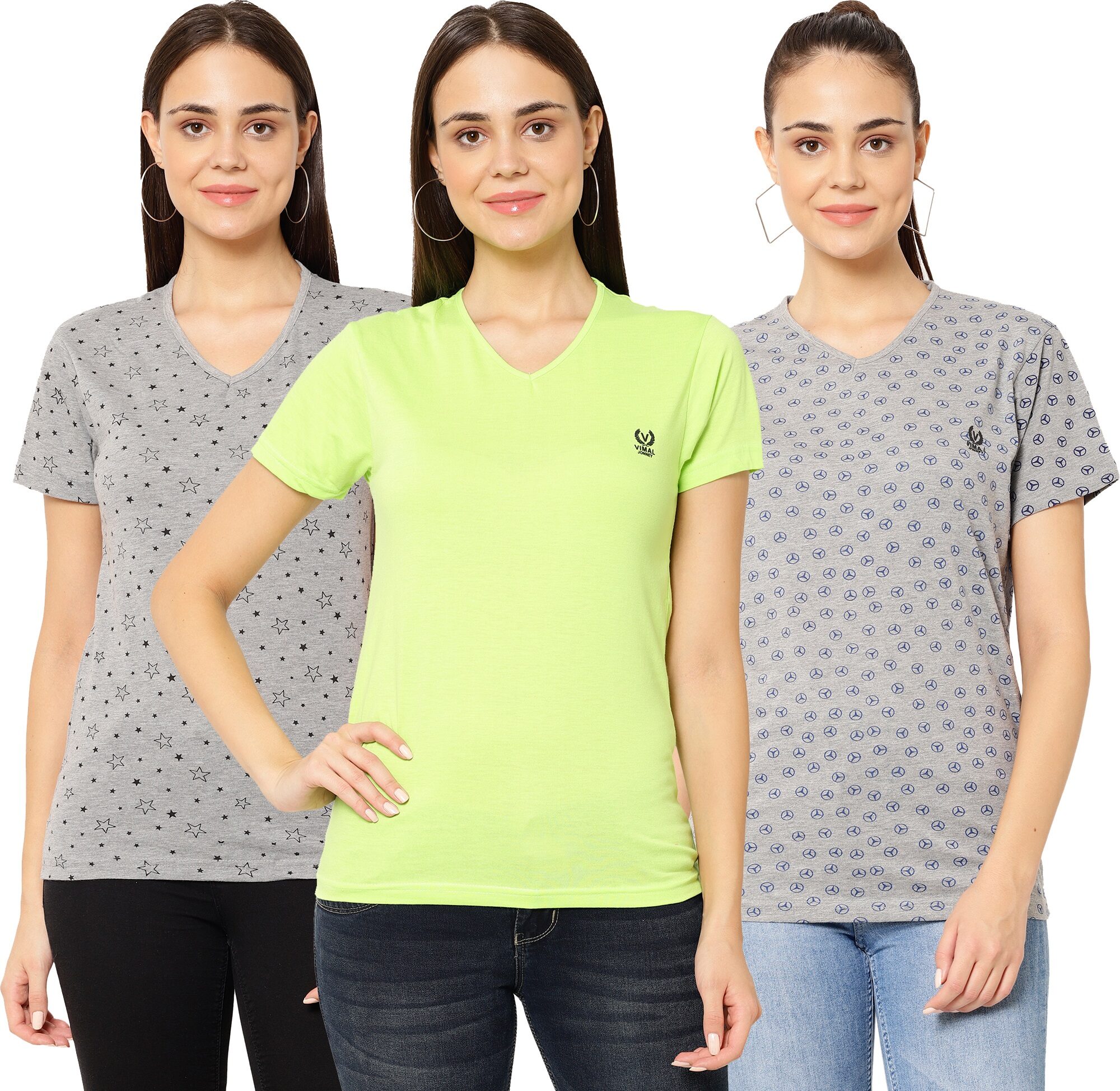 

VIMAL JONNEY Women Green Grey Regular fit V neck Cotton T shirt