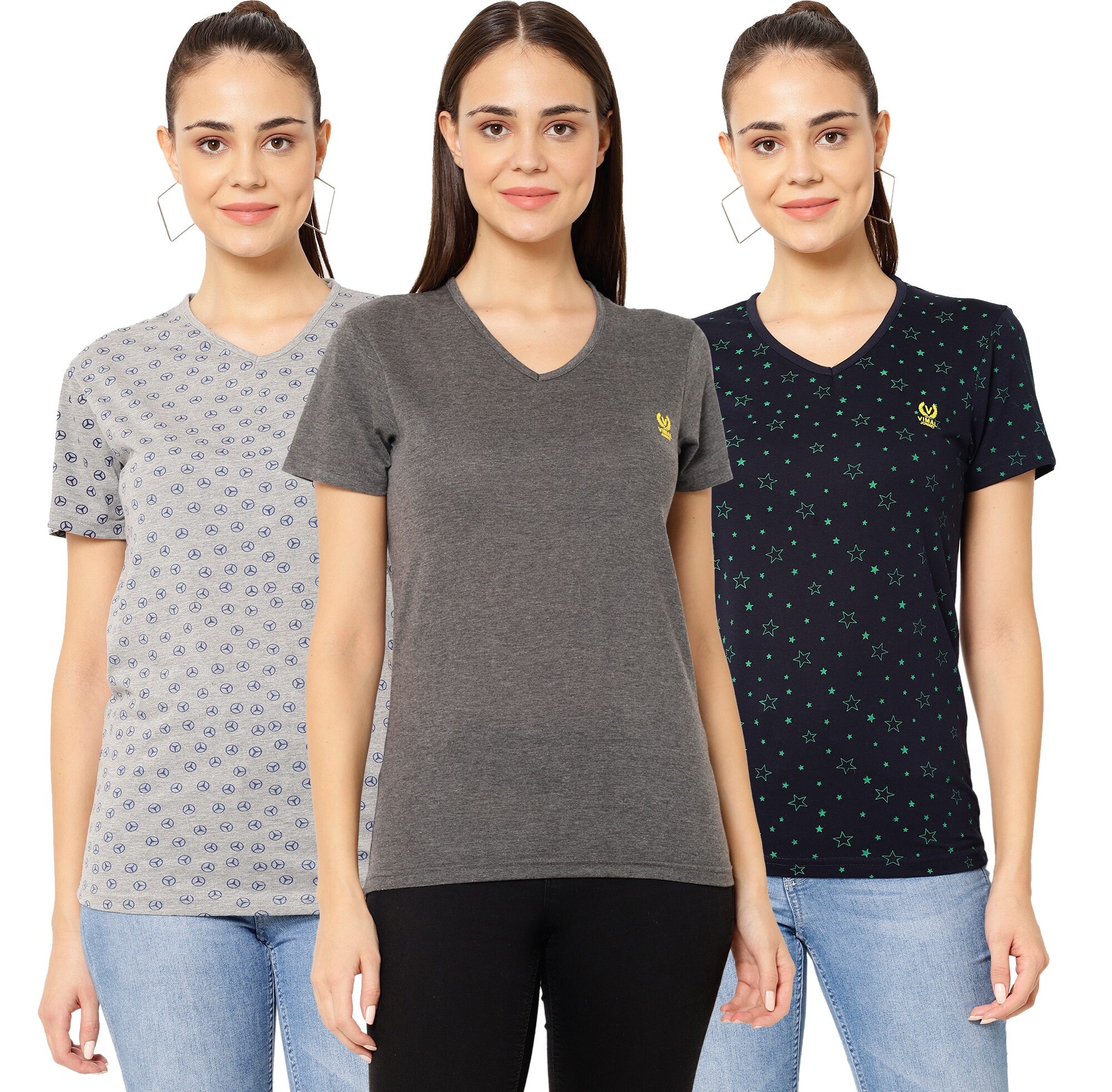 

VIMAL JONNEY Women Purple Blue Regular fit V neck Cotton T shirt