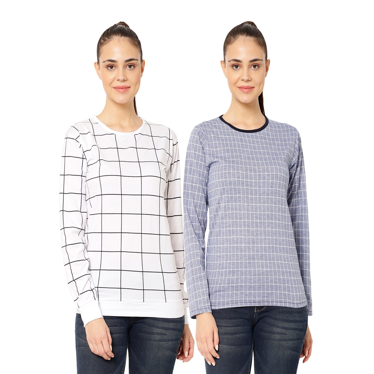 

VIMAL JONNEY Women White Blue Regular fit Round neck Cotton T shirt