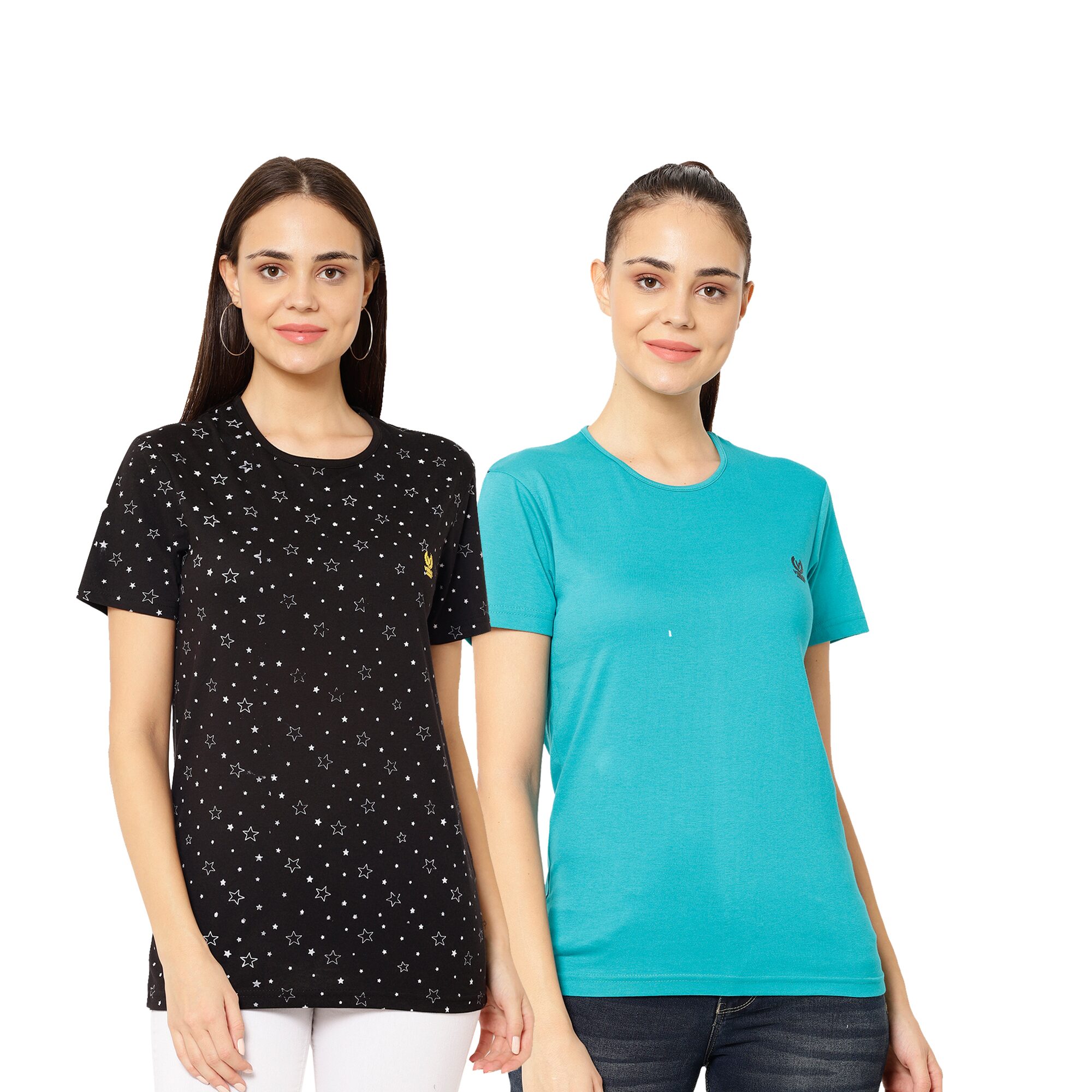 

VIMAL JONNEY Women Black Turquoise Regular fit Round neck Cotton T shirt