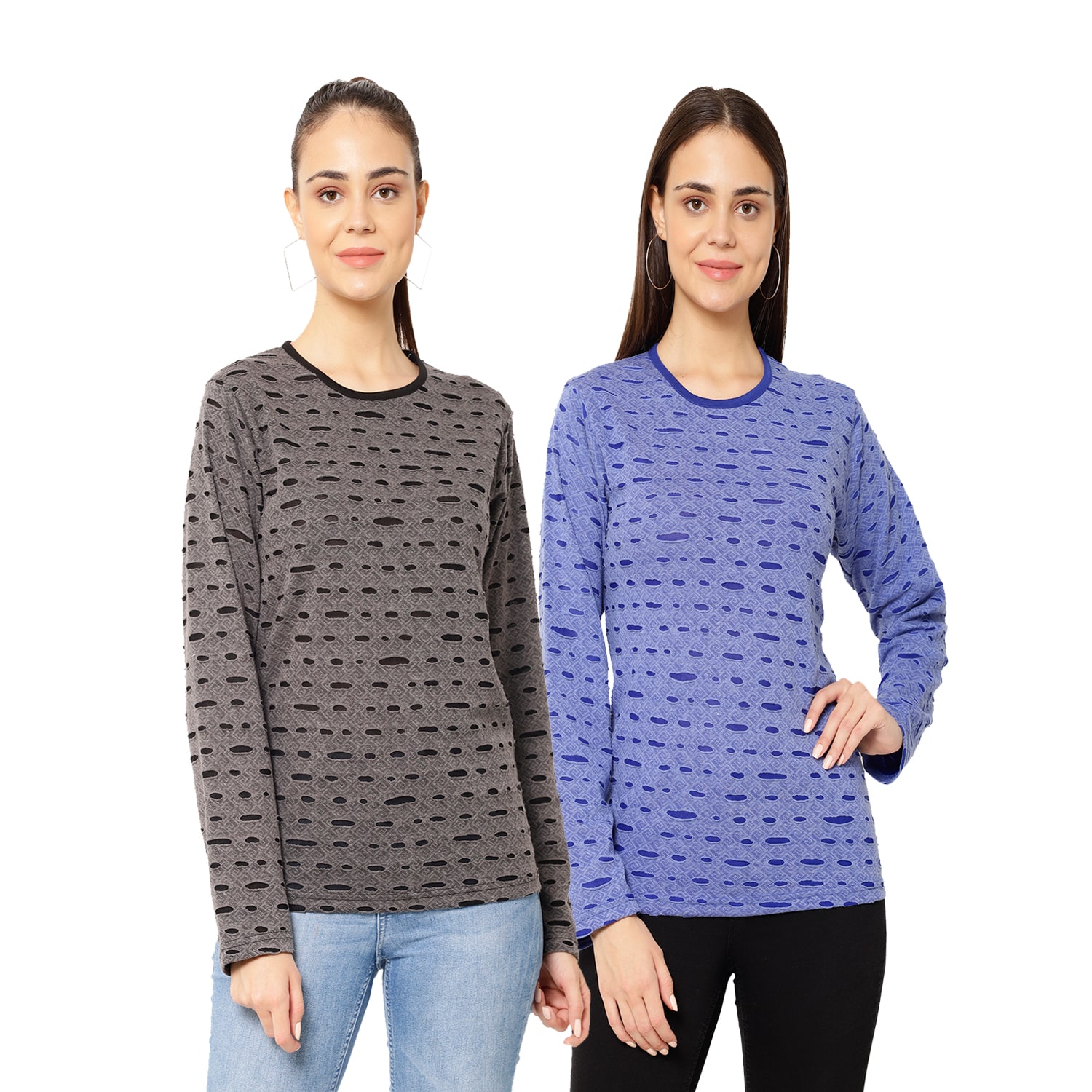 

VIMAL JONNEY Women Grey Blue Regular fit Round neck Cotton T shirt