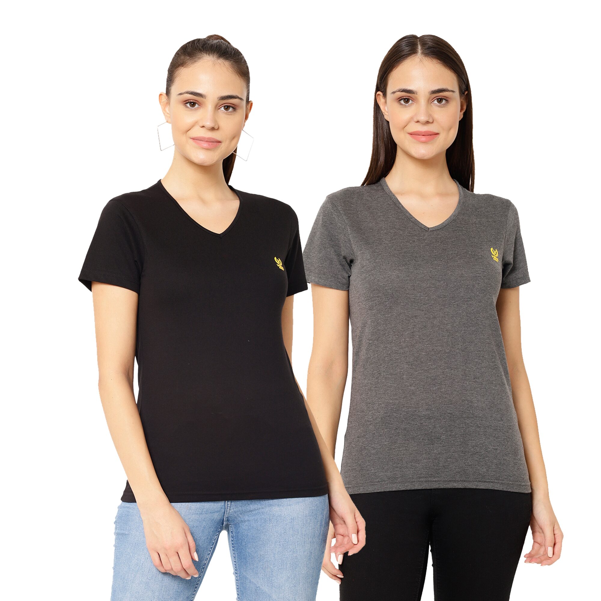 

VIMAL JONNEY Women Grey Black Regular fit V neck Cotton blend T shirt