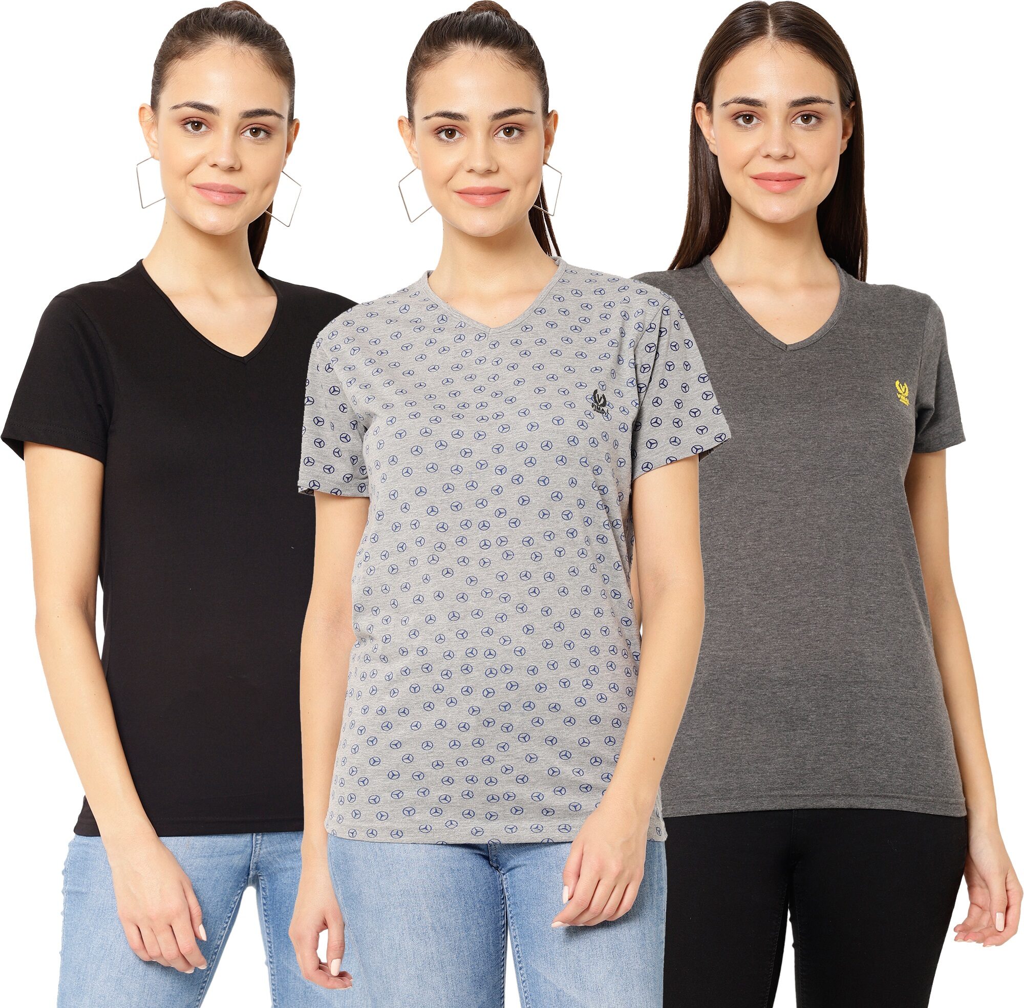 

VIMAL JONNEY Women Black Grey Regular fit V neck Cotton T shirt
