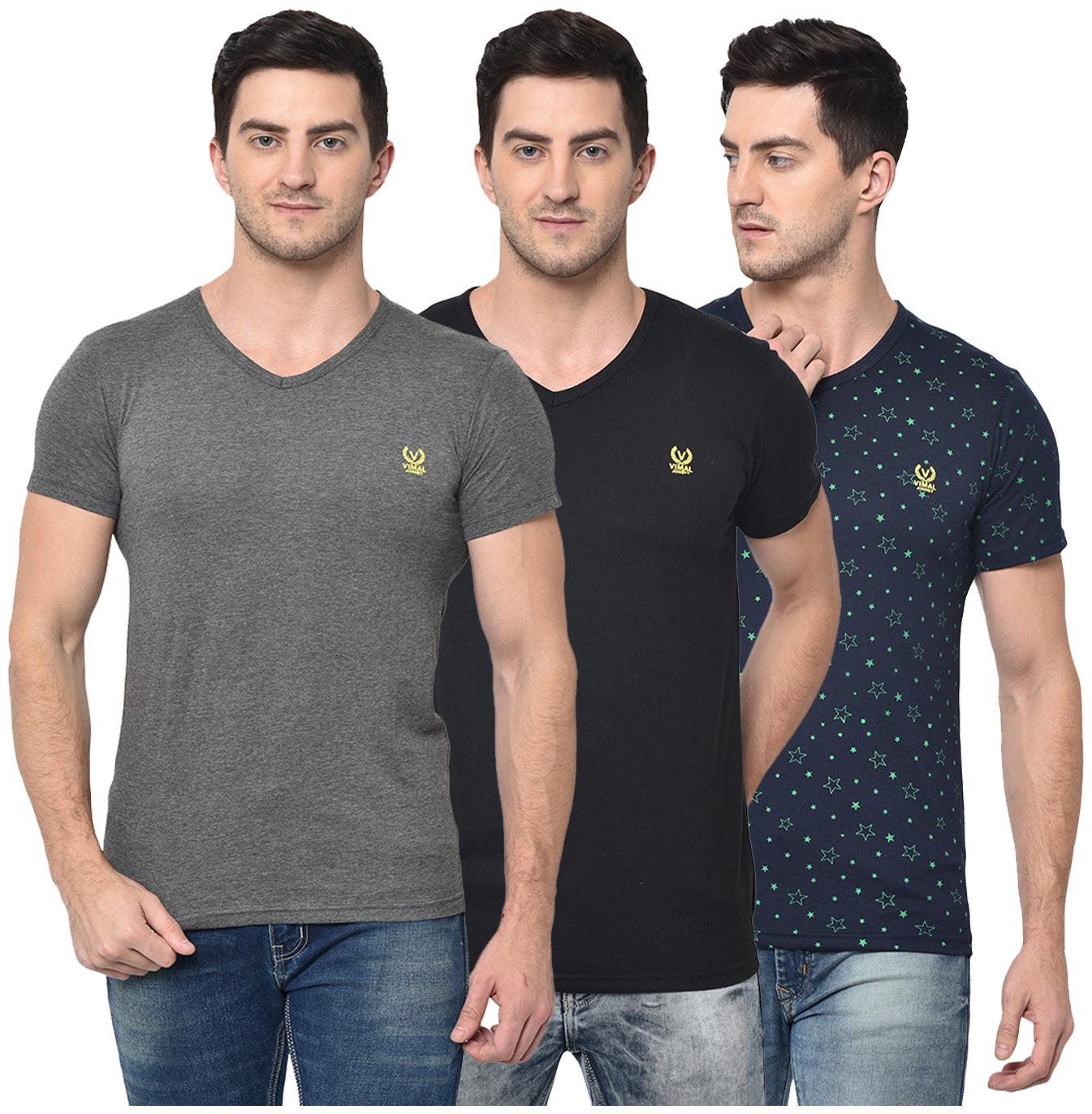 

VIMAL JONNEY Men Multi Regular fit Cotton Blend V neck T-Shirt - Pack Of 3