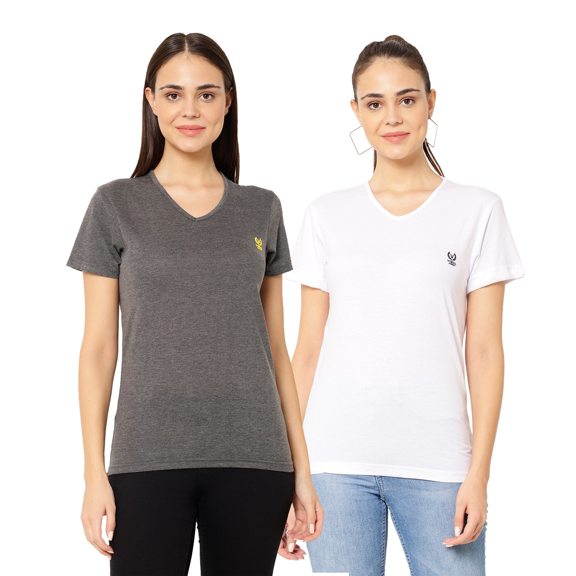 

VIMAL JONNEY Women Grey White Regular fit V neck Cotton blend T shirt