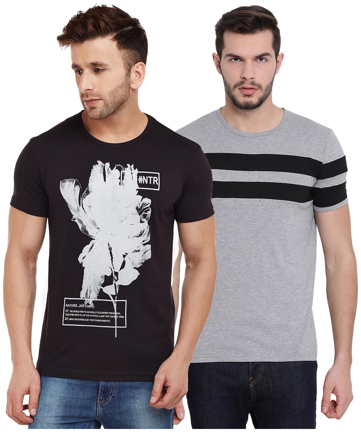 

VIMAL JONNEY Men Black Grey Regular fit Cotton Round neck T-Shirt - Pack Of 2