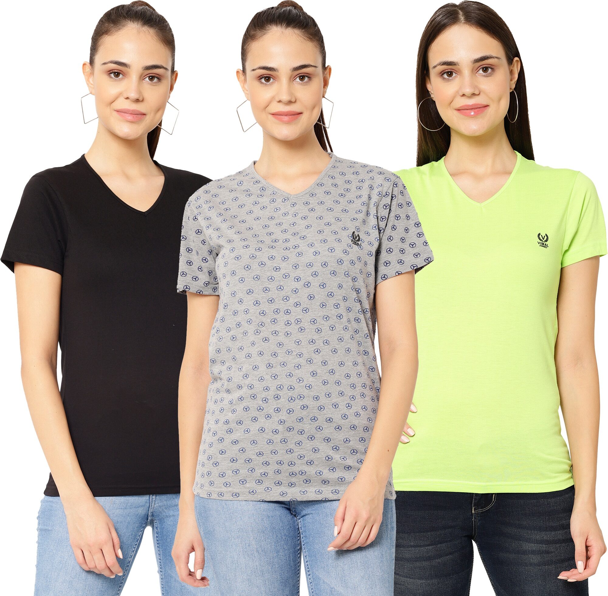 

VIMAL JONNEY Women Multi Regular fit V neck Cotton T shirt