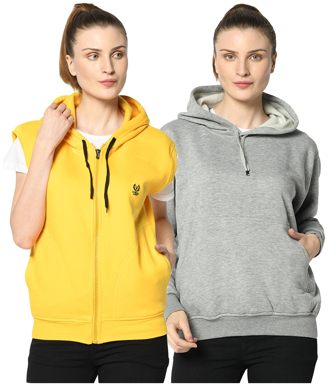 

VIMAL JONNEY Women Solid Hoodie - Grey Yellow