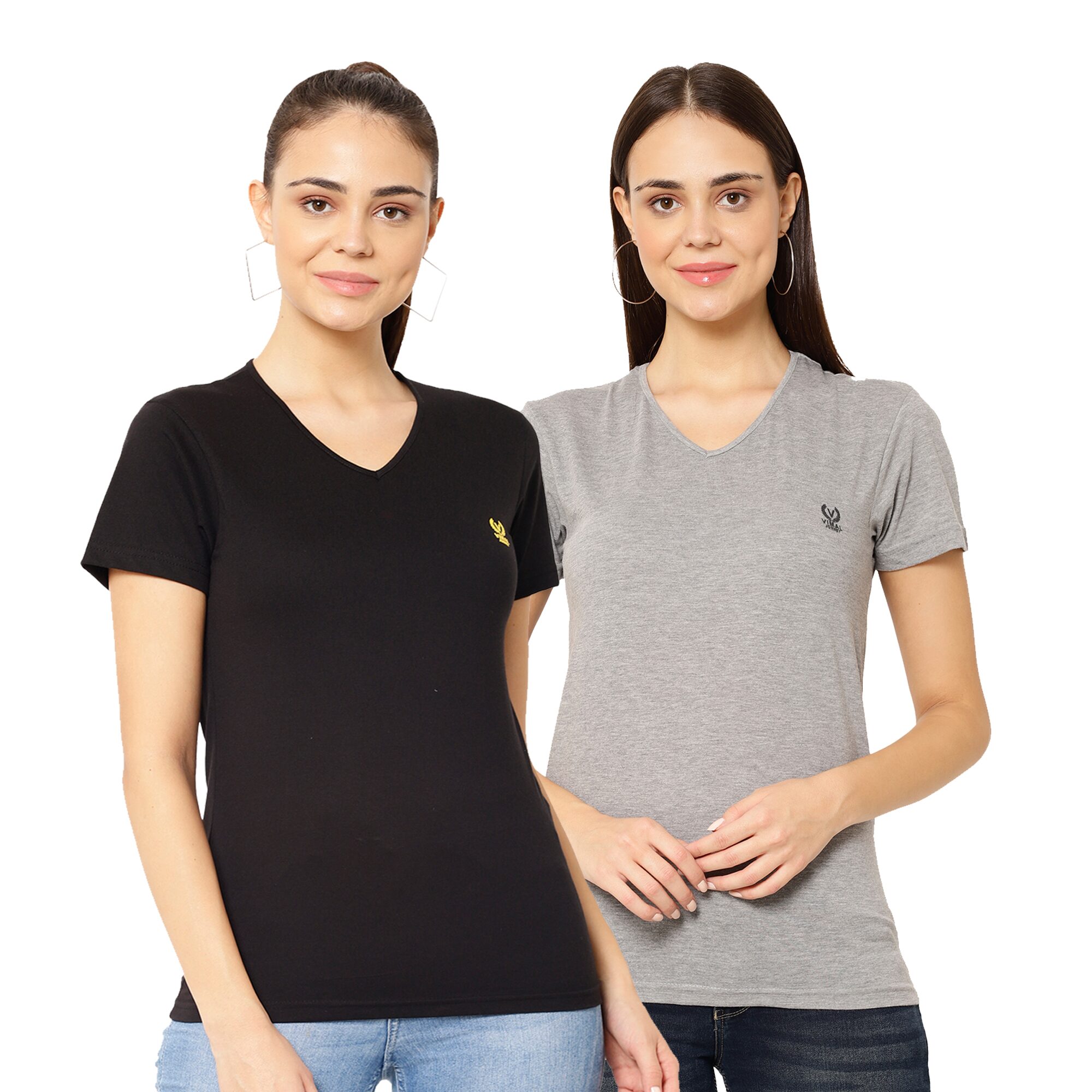 

VIMAL JONNEY Women Black Grey Regular fit V neck Cotton blend T shirt