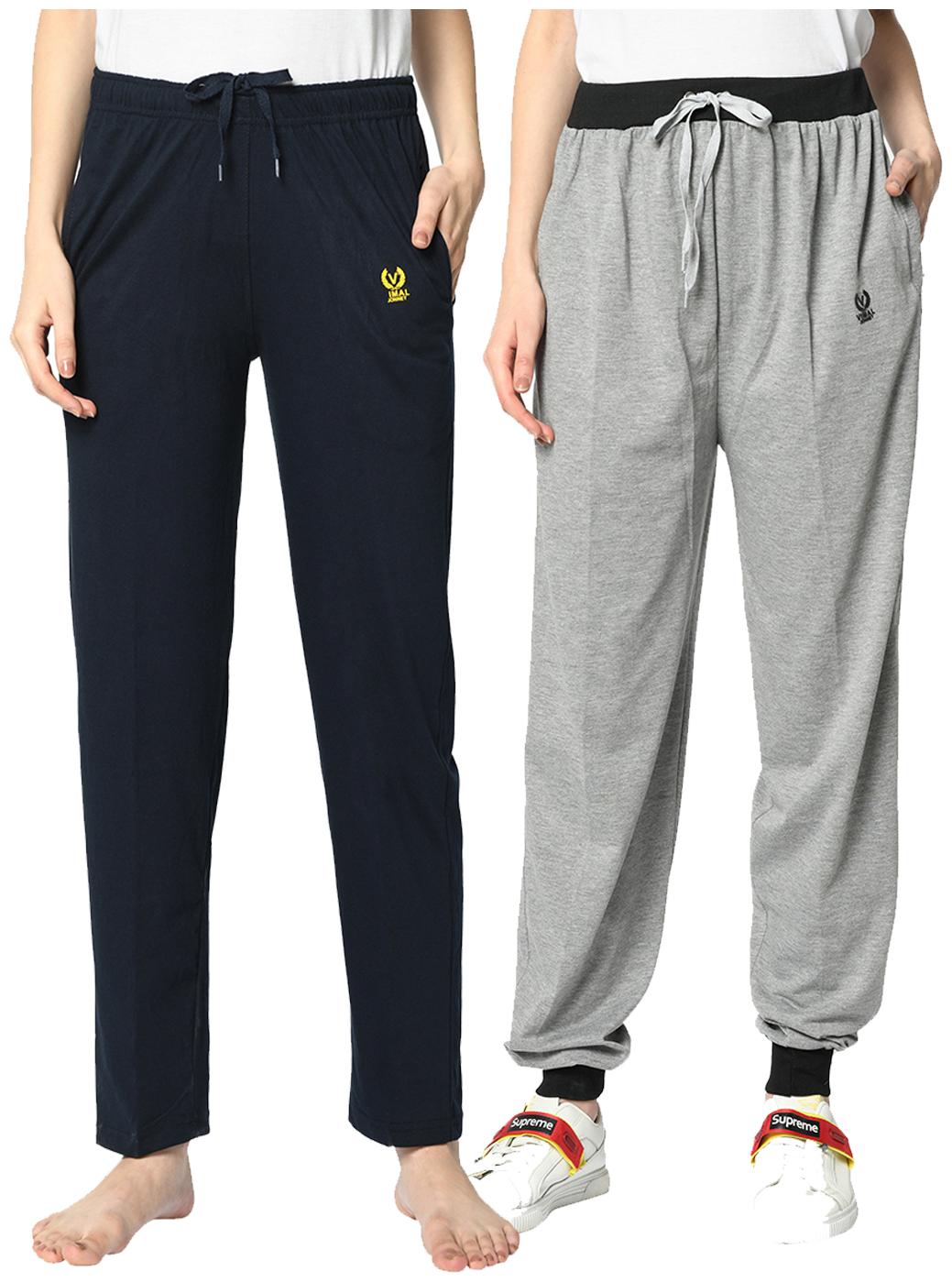 

VIMAL JONNEY Cotton Blend Solid Grey Blue Color Track Pants For Women (Pack Of 2)