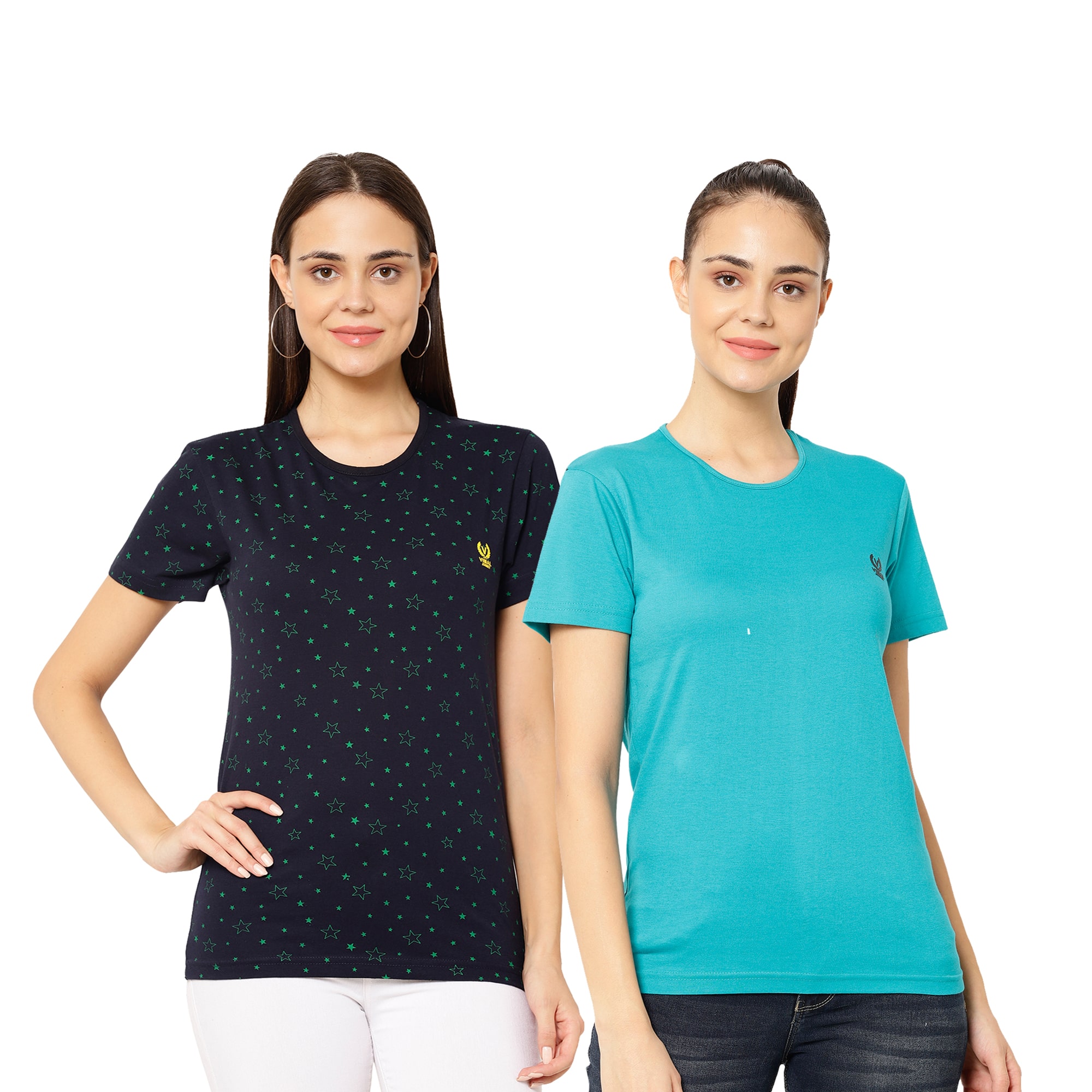 

VIMAL JONNEY Cotton Printed Turquoise Navy Blue Color T-Shirt For Women (Pack Of 2)