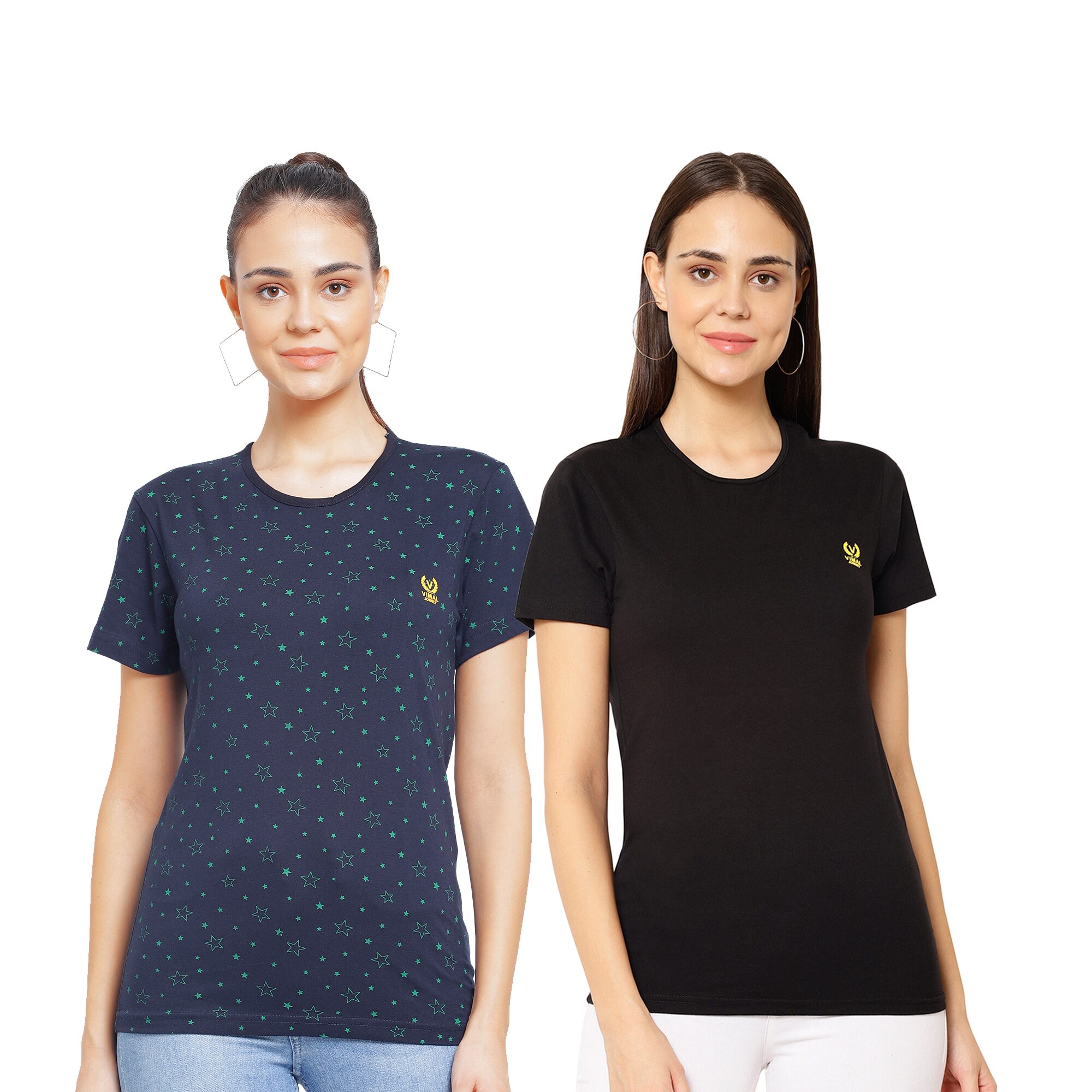 

VIMAL JONNEY Cotton Printed Black Navy Blue Color T-Shirt For Women (Pack Of 2)