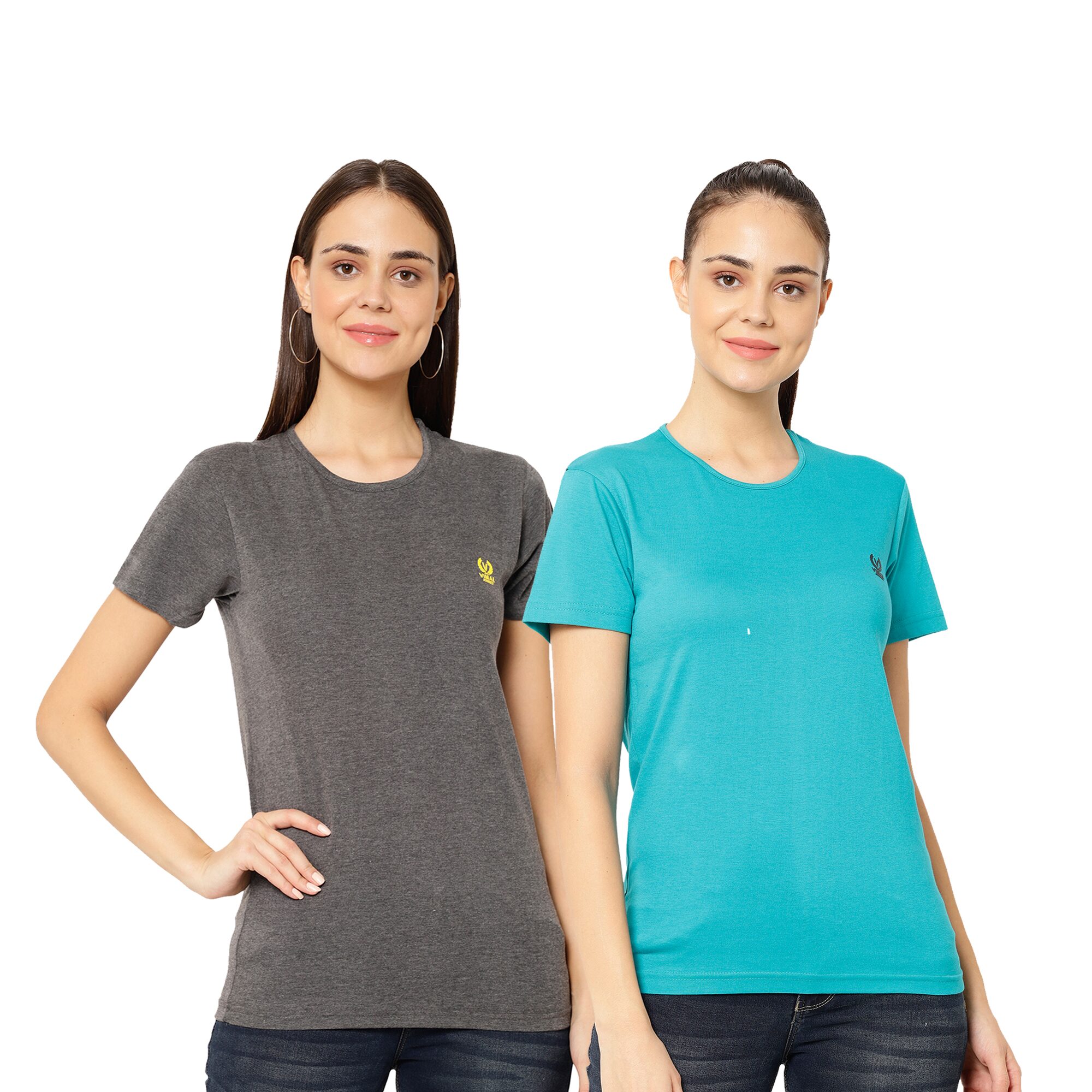 

VIMAL JONNEY Women Turquoise Grey Regular fit Round neck Cotton T shirt