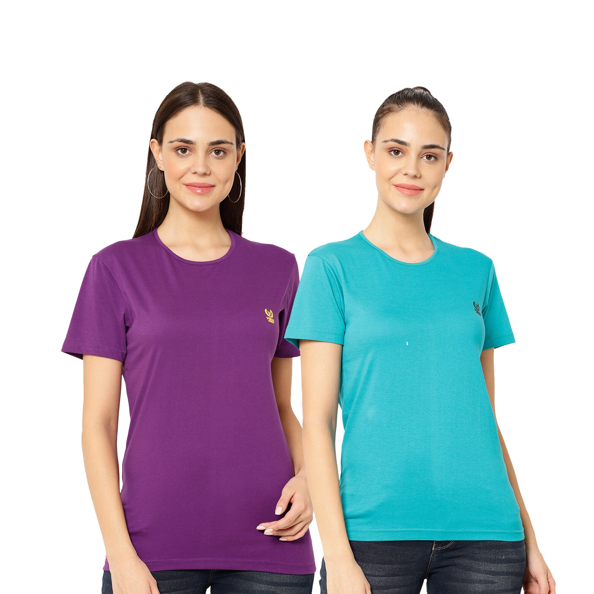 

VIMAL JONNEY Women Turquoise Purple Regular fit Round neck Cotton T shirt