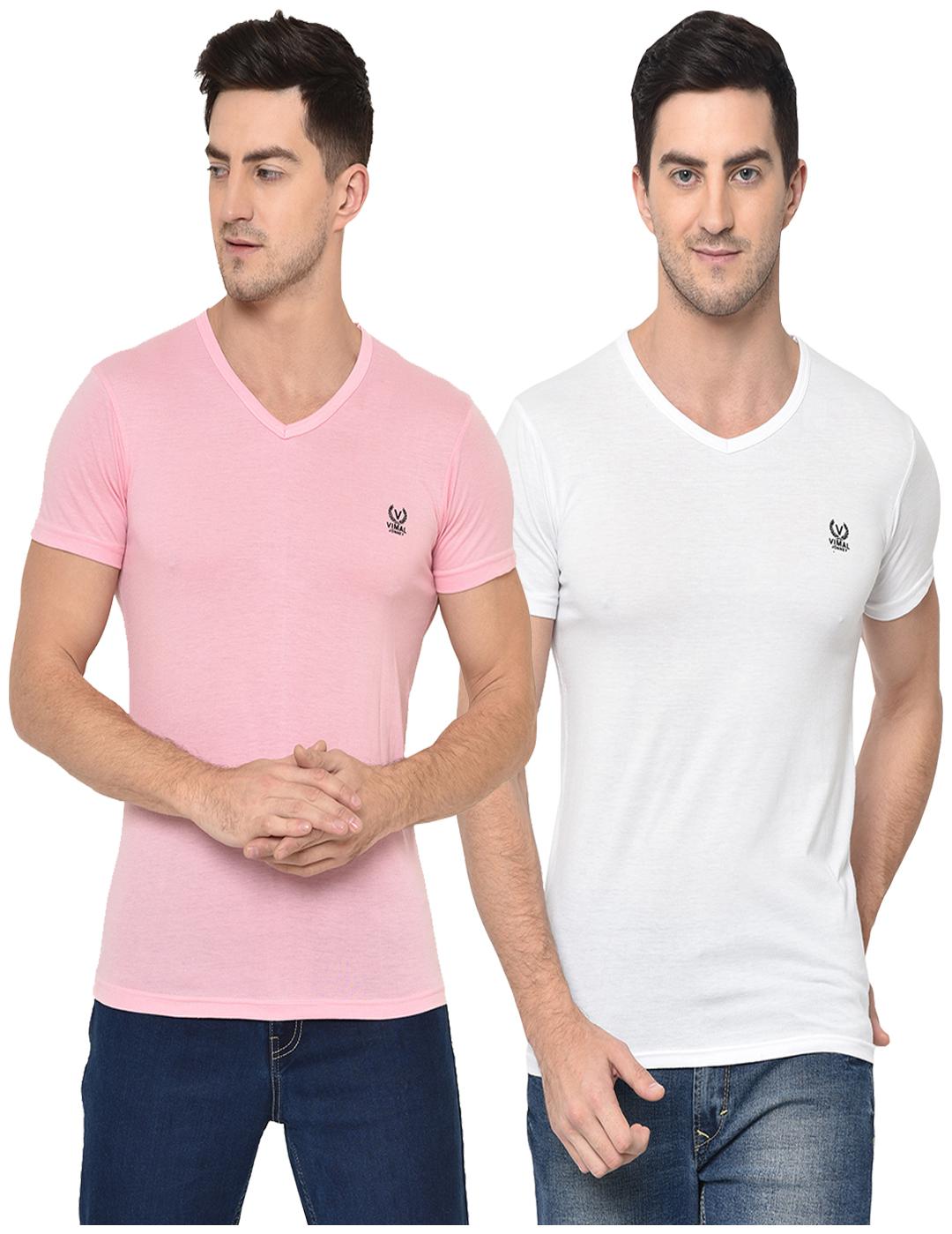 

VIMAL JONNEY Men Pink White Regular fit Cotton Blend V neck T-Shirt - Pack Of 2