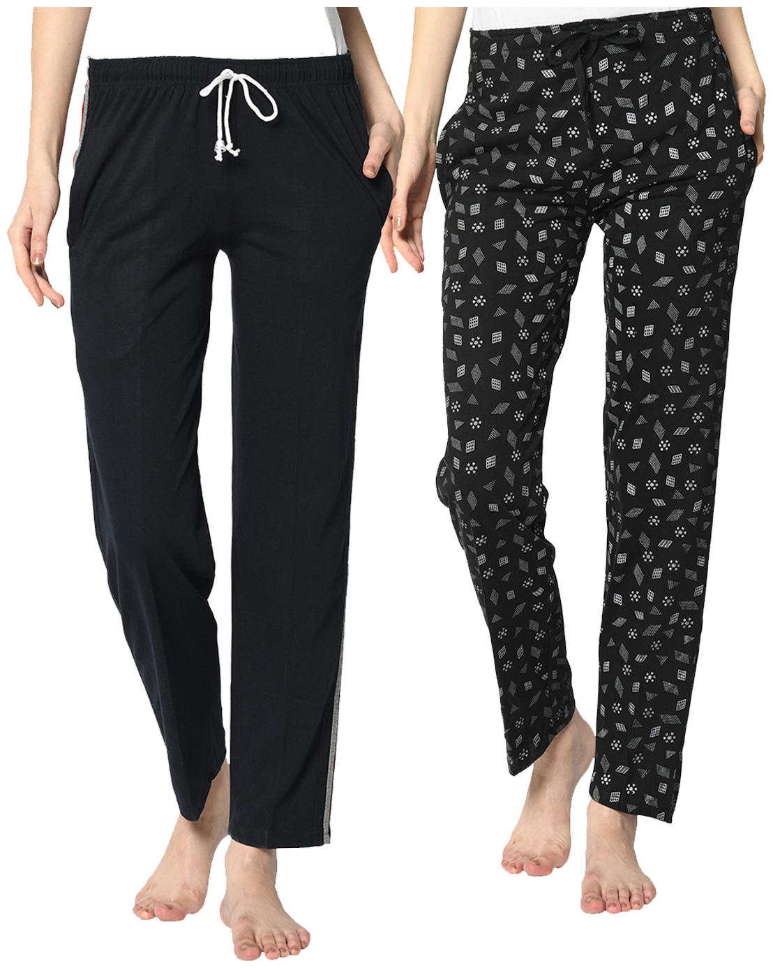 

VIMAL JONNEY Cotton Blend Printed Black Blue Color Track Pants For Women (Pack Of 2)